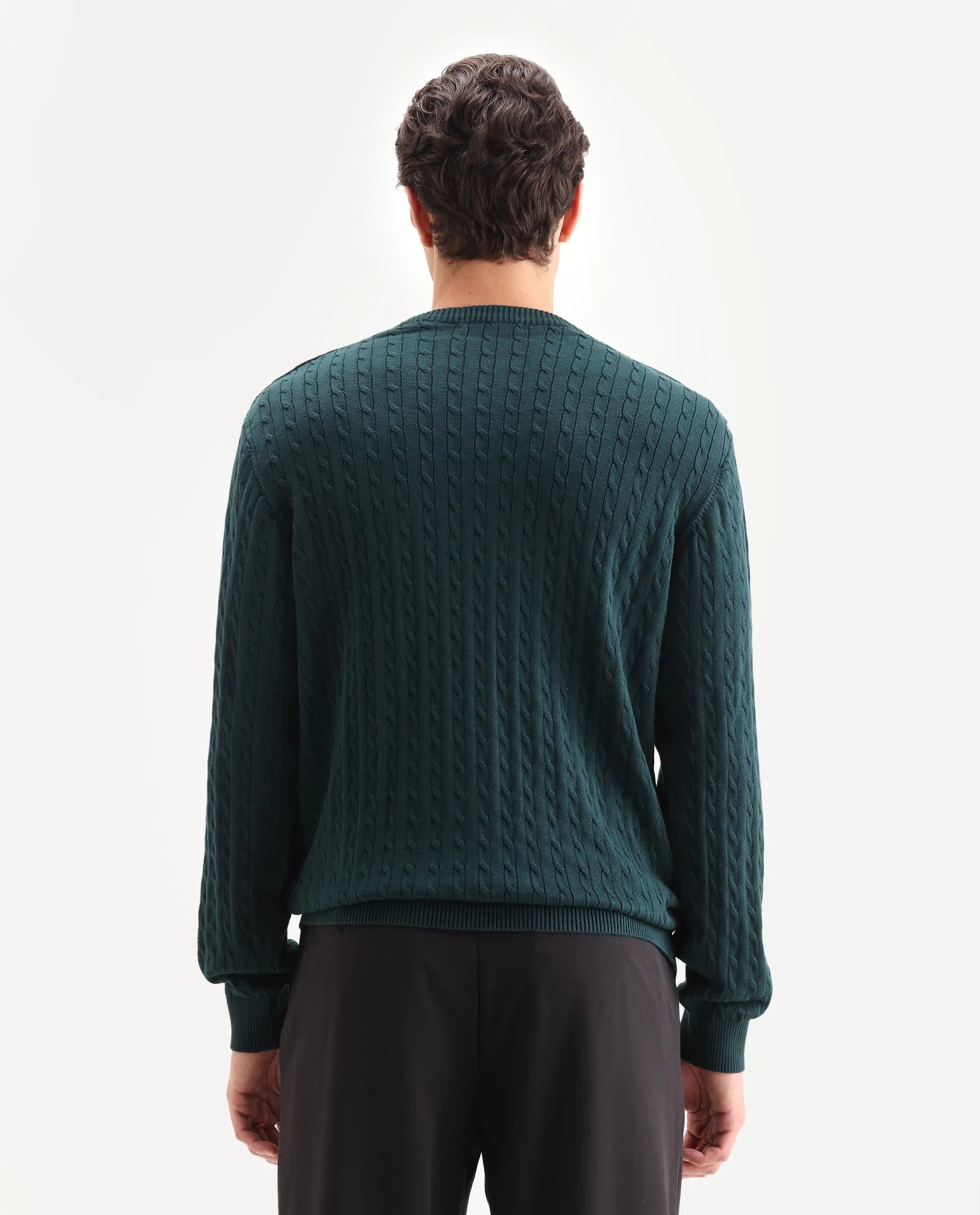 Rare Rabbit Men's Prota Dark Green Cotton Plain Regular Fit Full Sleeve Crew Neck Sweater
