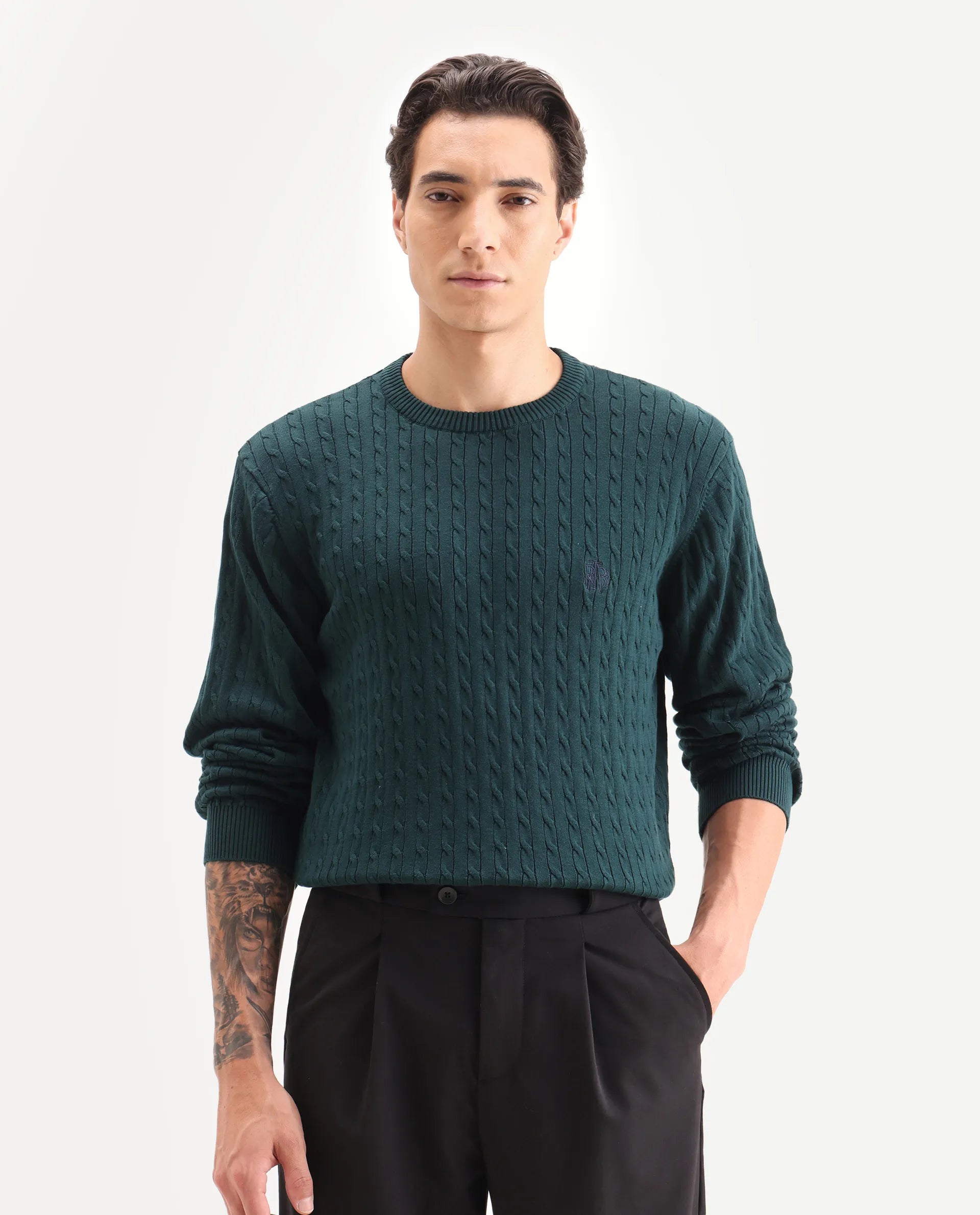 Rare Rabbit Men's Prota Dark Green Cotton Plain Regular Fit Full Sleeve Crew Neck Sweater