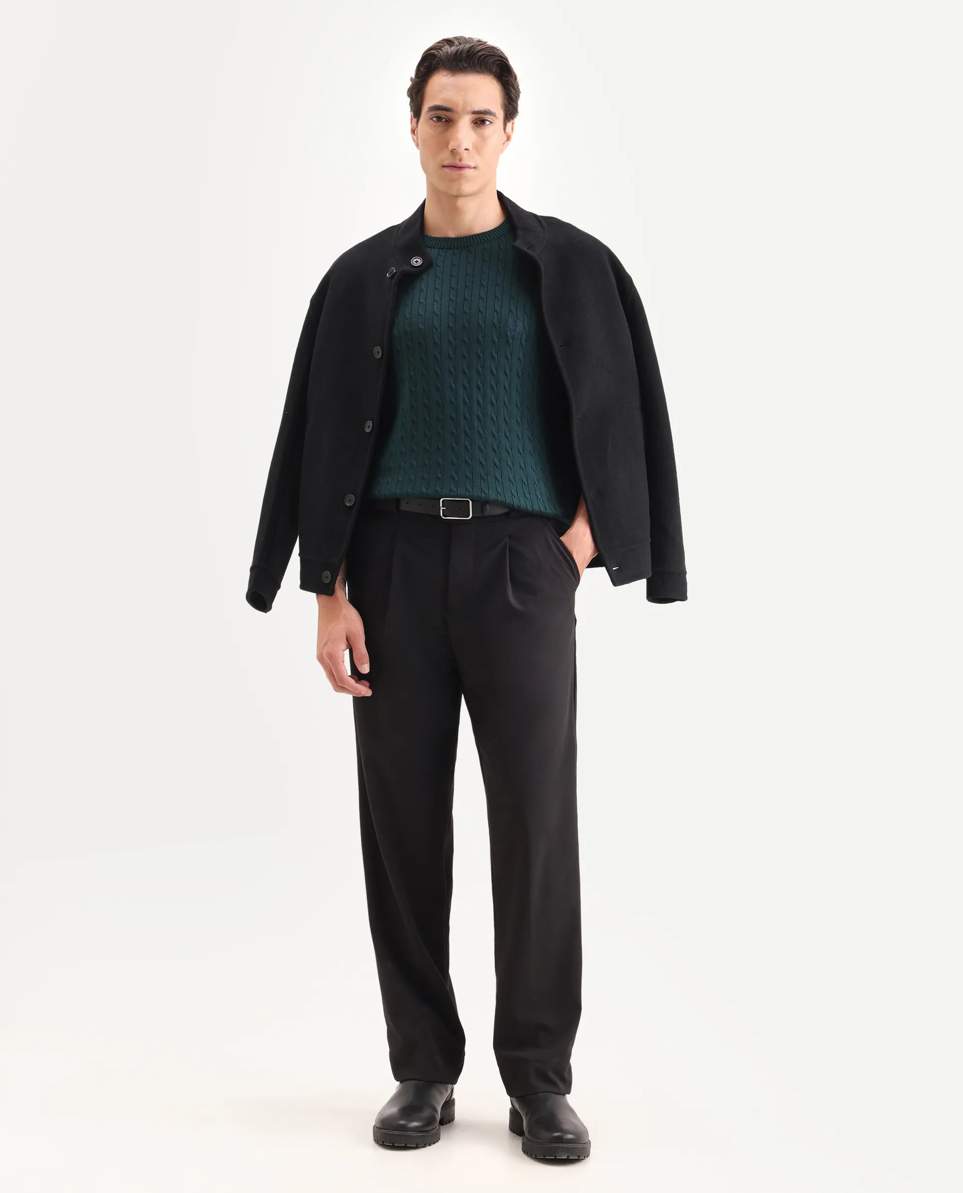 Rare Rabbit Men's Prota Dark Green Cotton Plain Regular Fit Full Sleeve Crew Neck Sweater