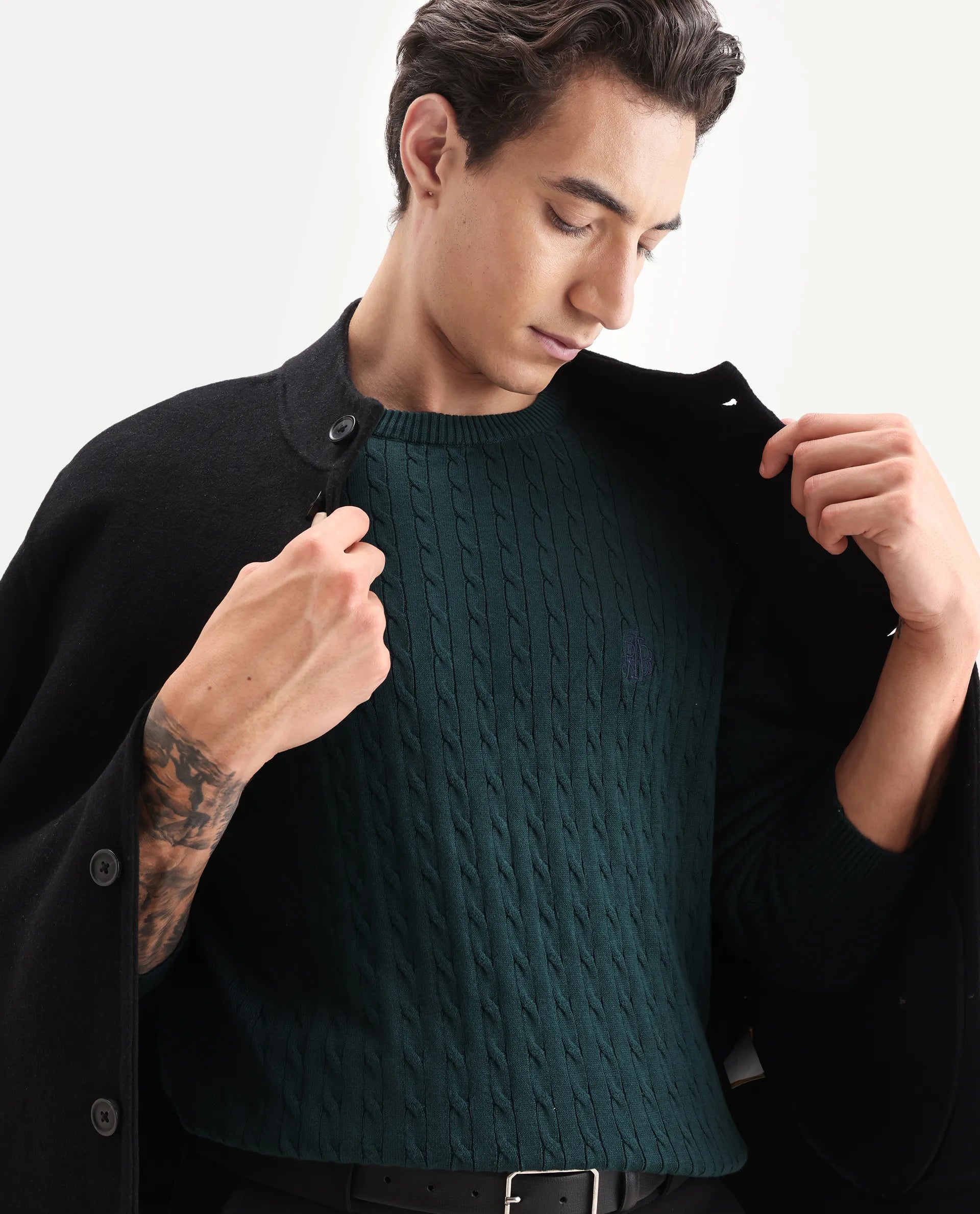 Rare Rabbit Men's Prota Dark Green Cotton Plain Regular Fit Full Sleeve Crew Neck Sweater