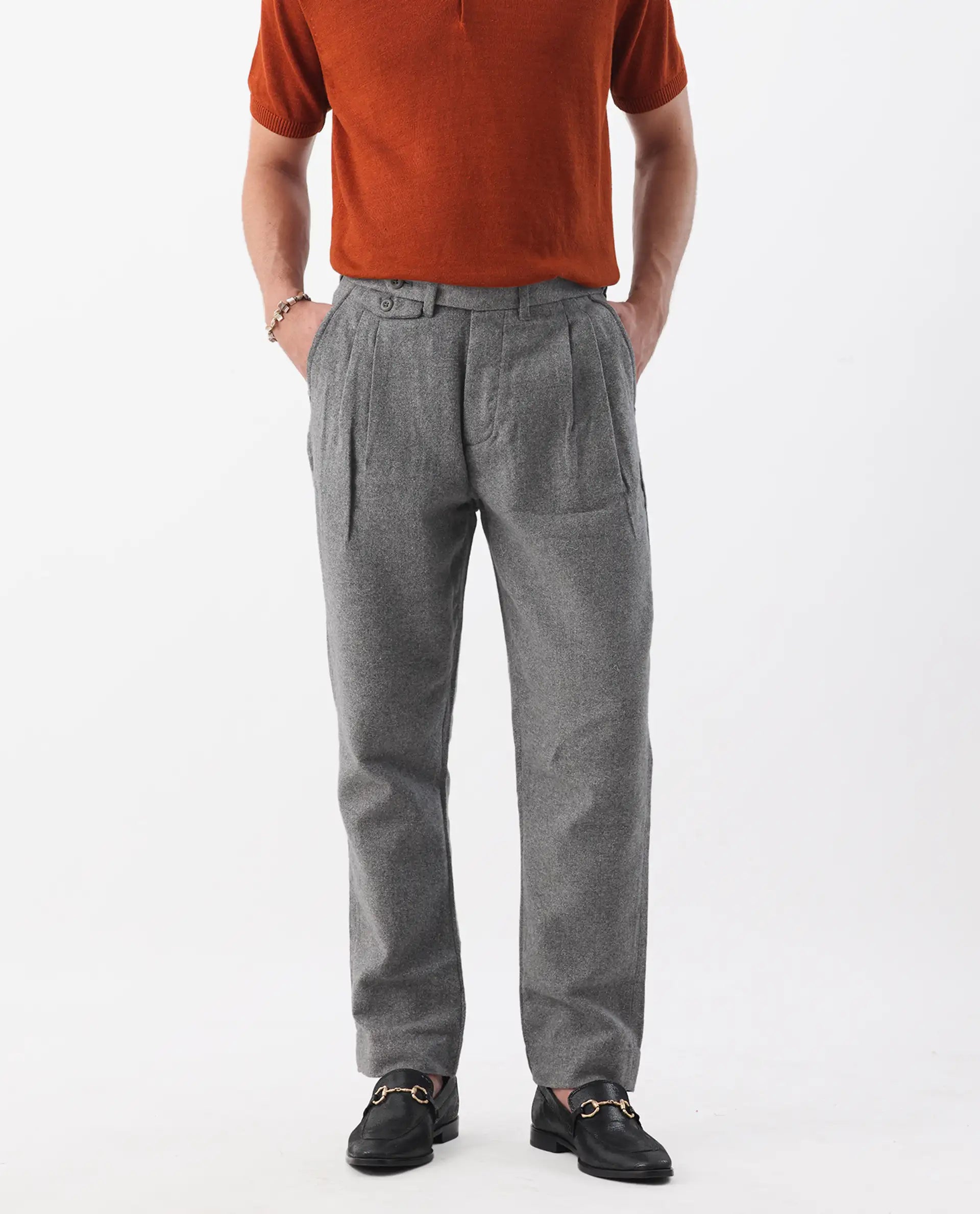 Rare Rabbit Men's Kaino Dark Grey 100% Linen Plain Regular Fit Trouser