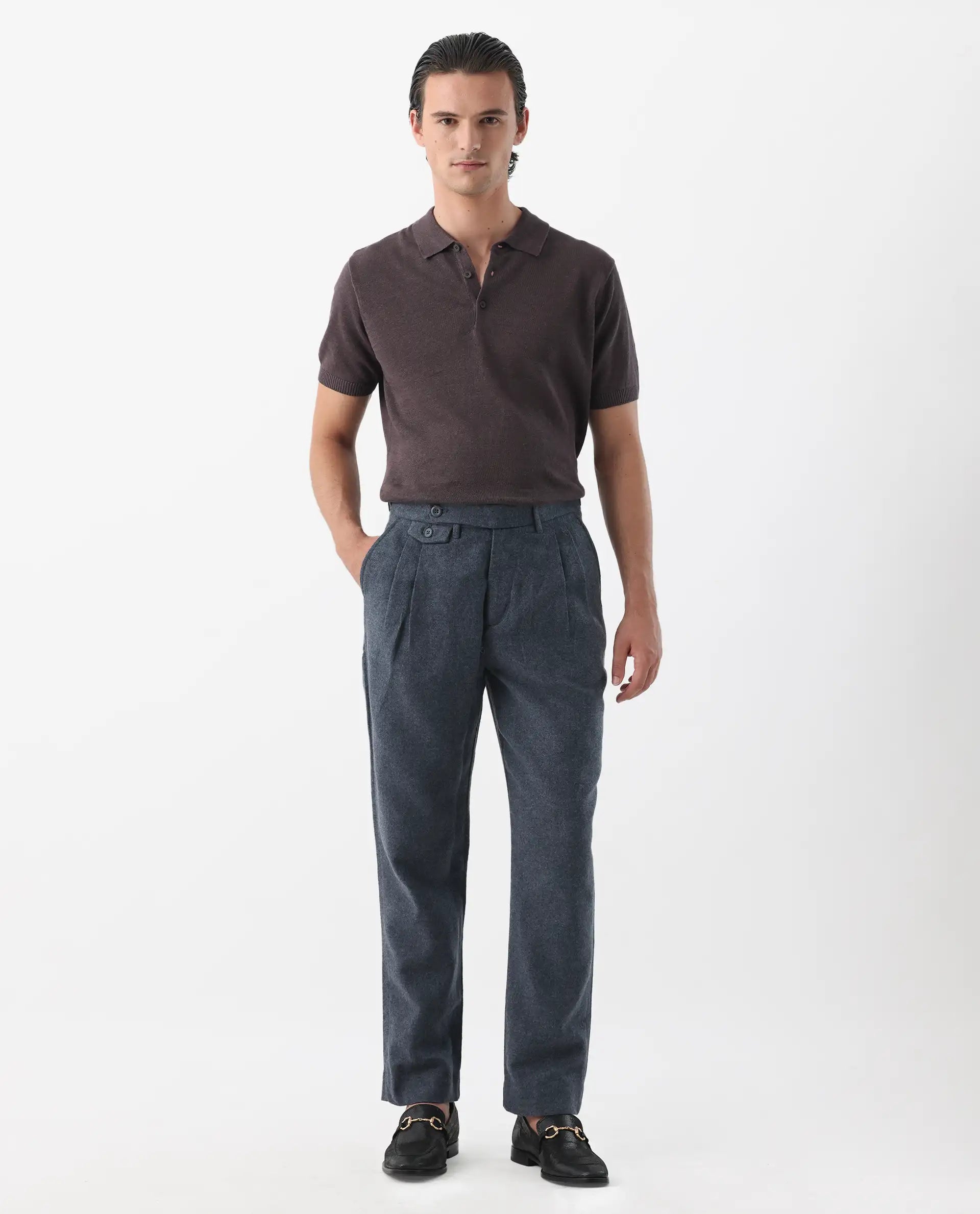 Rare Rabbit Men's Kaino Navy 100% Linen Plain Regular Fit Trouser