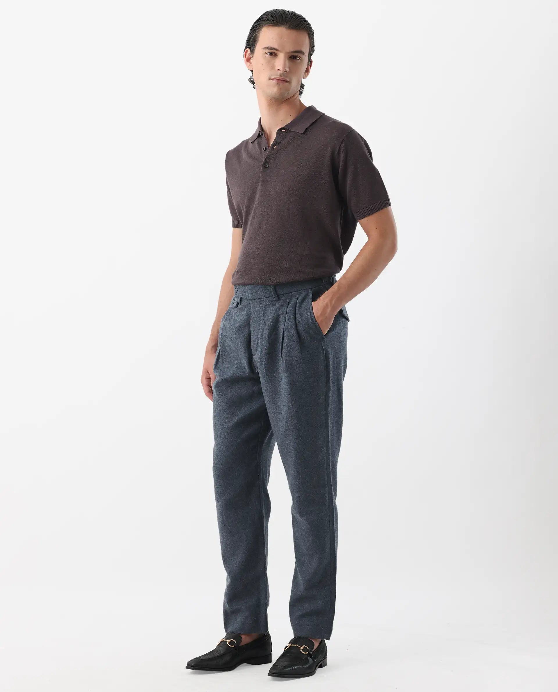 Rare Rabbit Men's Kaino Navy 100% Linen Plain Regular Fit Trouser