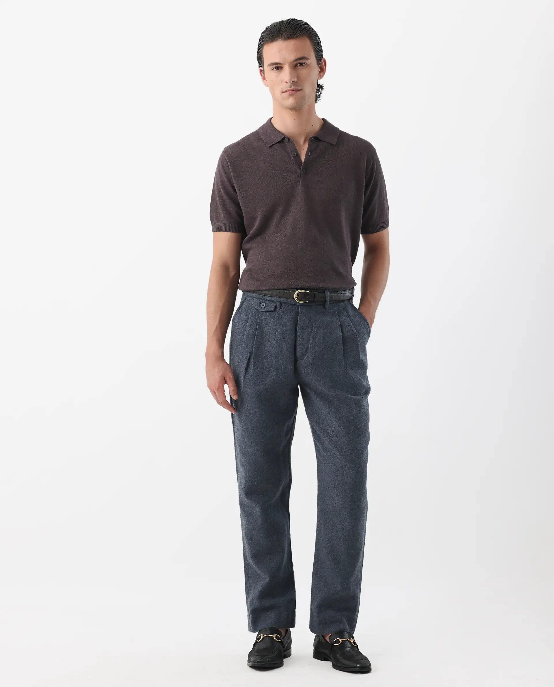 Rare Rabbit Men's Kaino Navy 100% Linen Plain Regular Fit Trouser