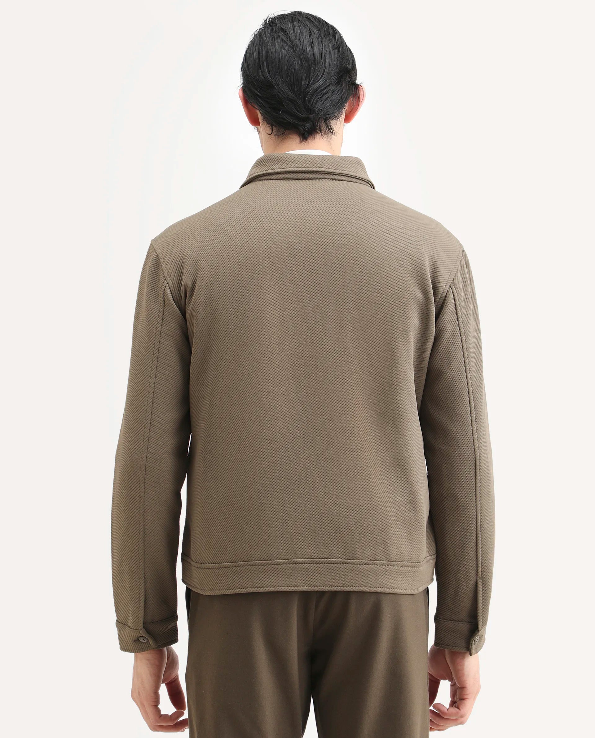 Rare Rabbit Men's Mapis Olive Polyester Plain Regular Fit Full Sleeve Curved Collar Jacket