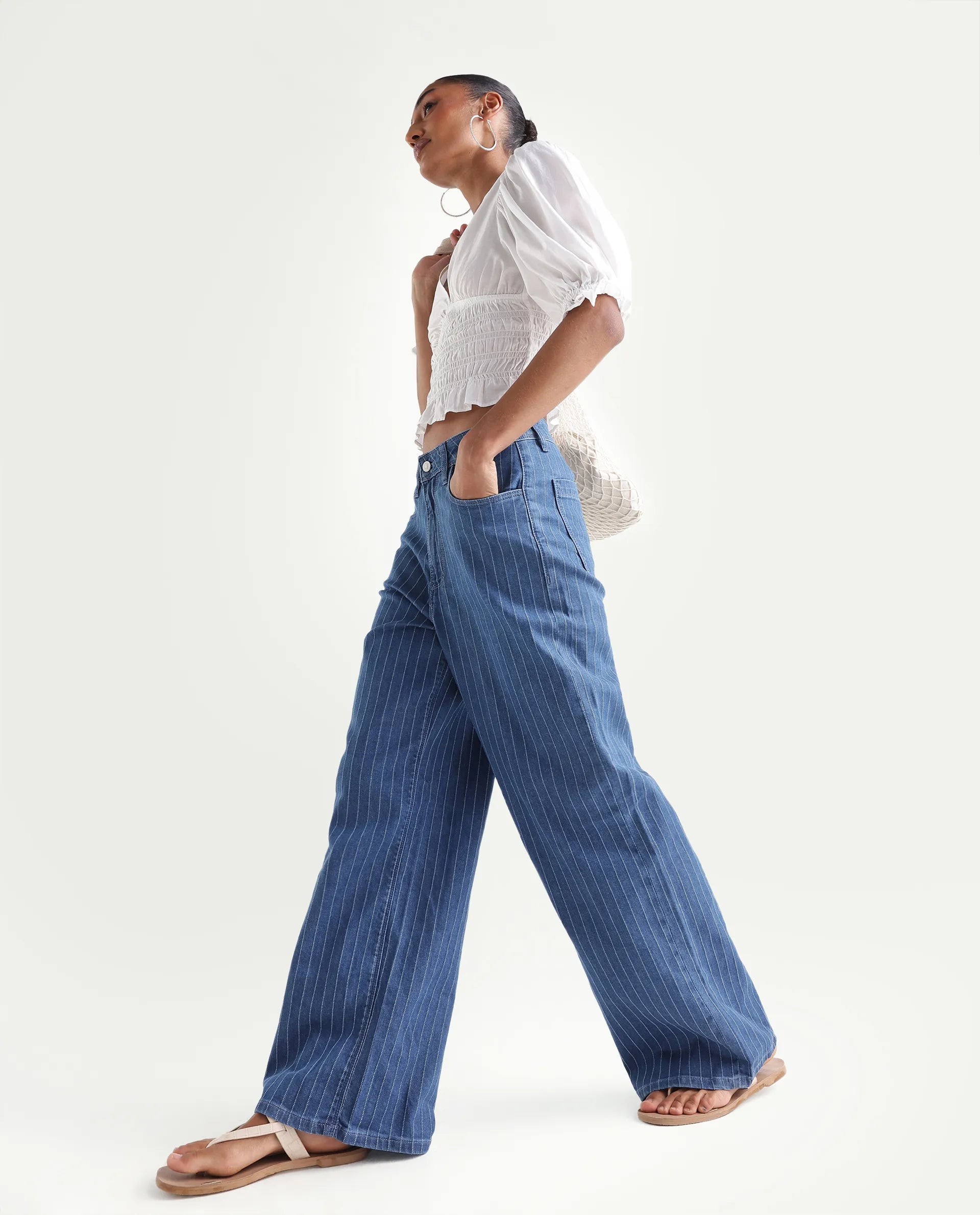 Rareism Women's Minik Blue Cotton Blend Striped Ankle Length Wide Jeans