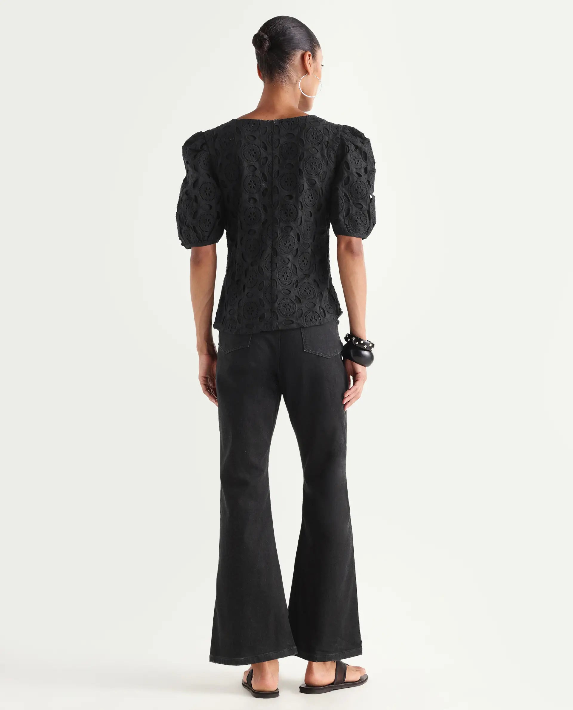 Rareism Women's Frita Black Cotton Blend Plain Ankle Length Effortless bootcut Jeans