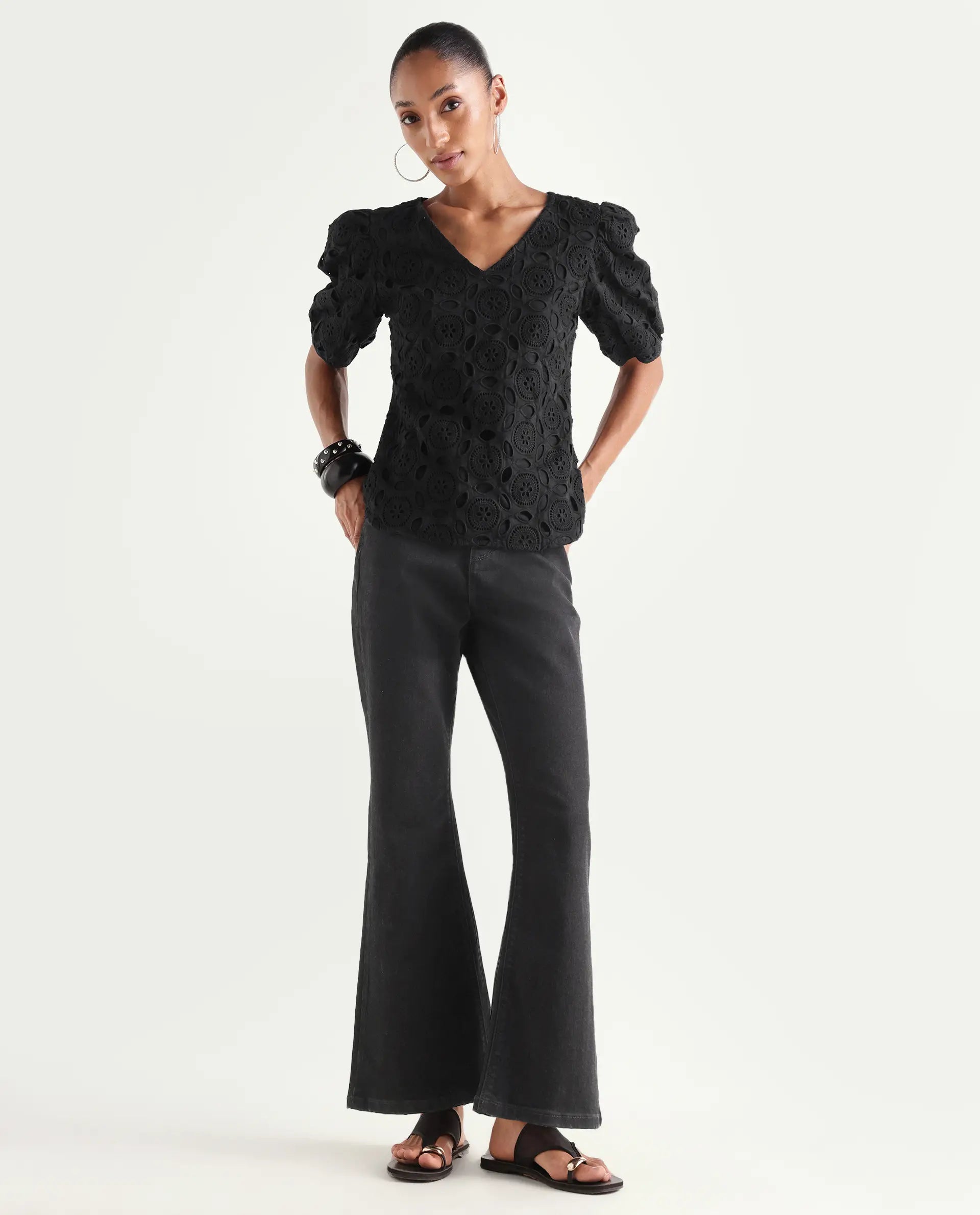 Rareism Women's Frita Black Cotton Blend Plain Ankle Length Effortless bootcut Jeans