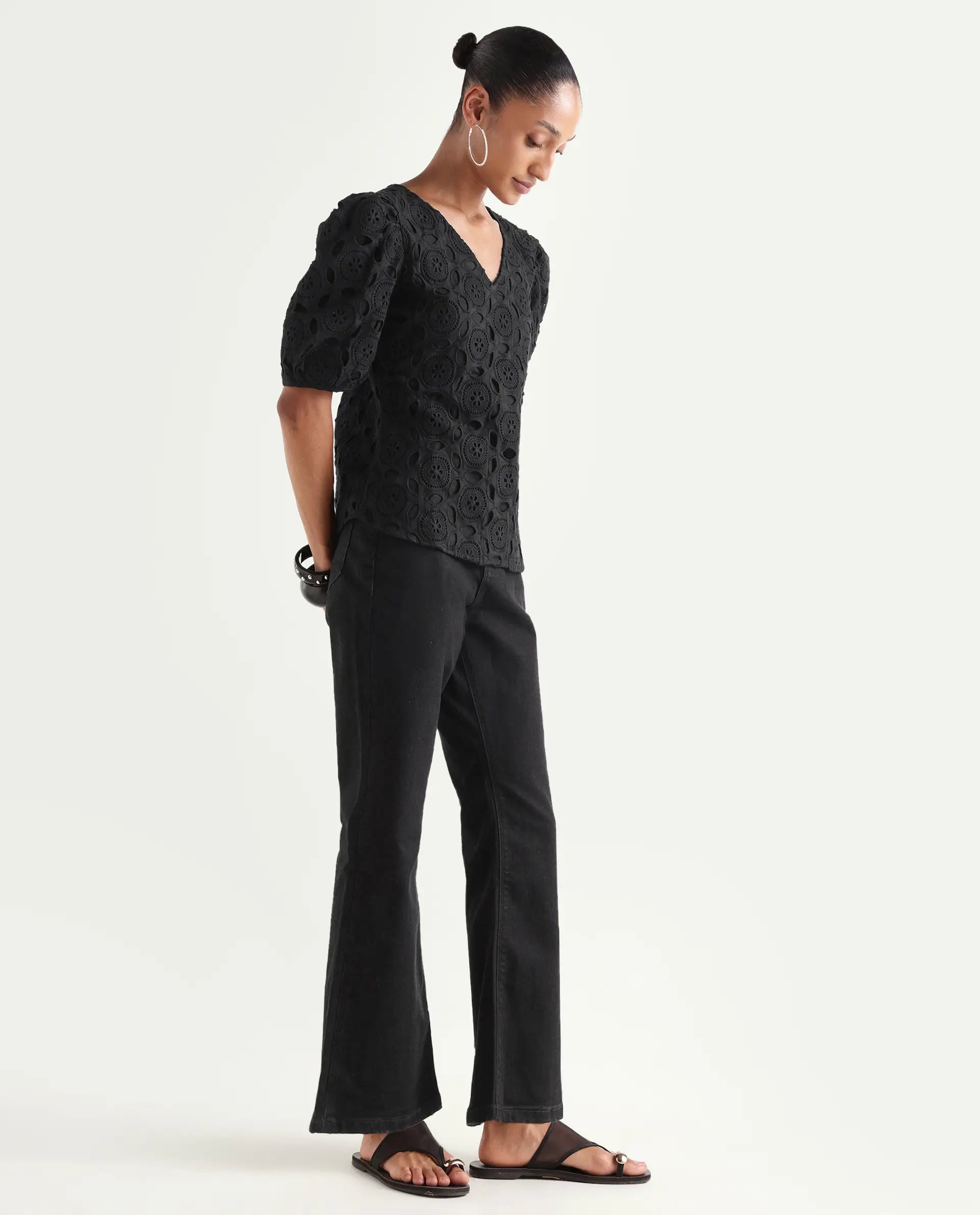 Rareism Women's Frita Black Cotton Blend Plain Ankle Length Effortless bootcut Jeans