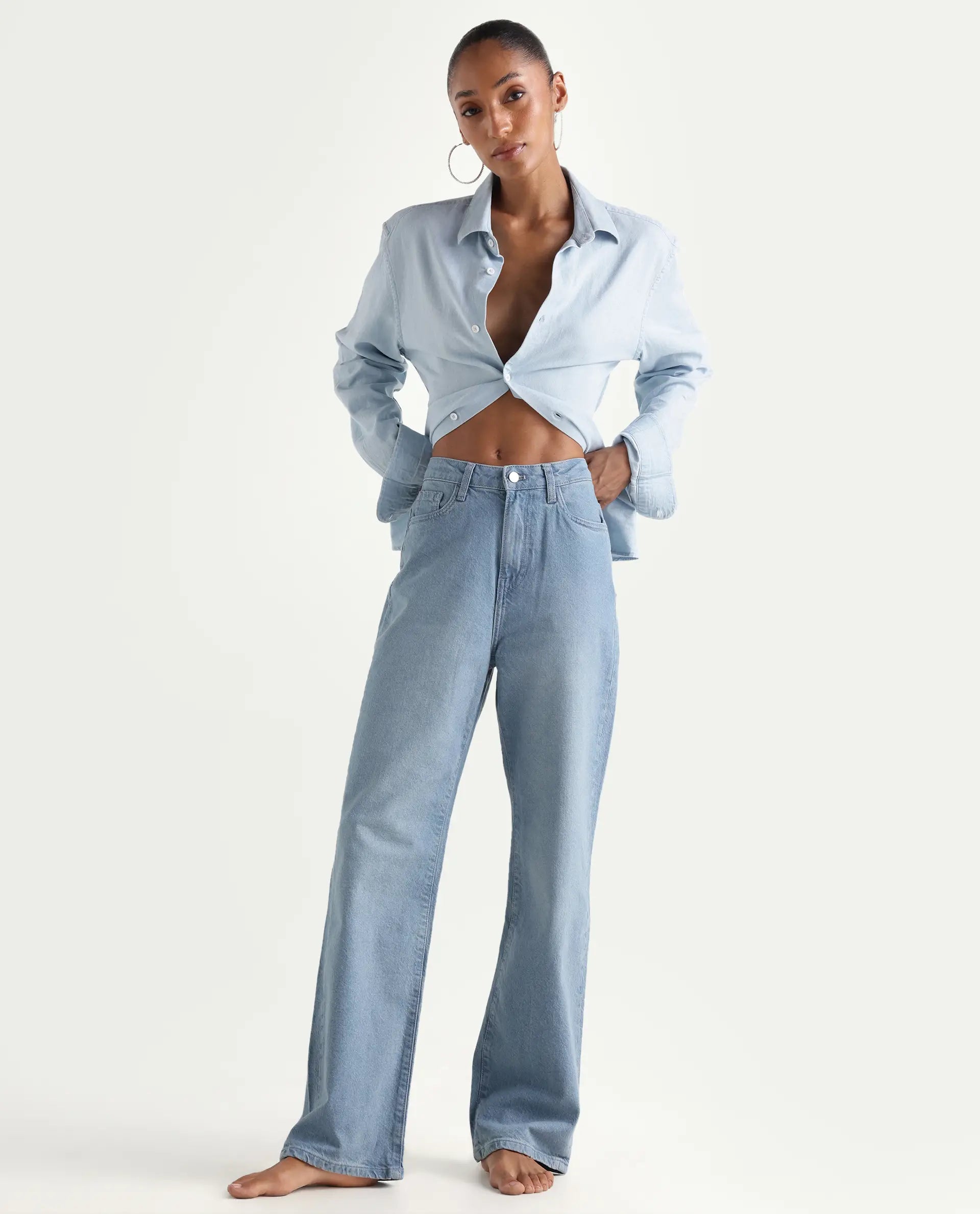 Rareism Women's Beuk Light Blue Cotton Blend Plain Ankle Length Smart Straight Fit Jeans
