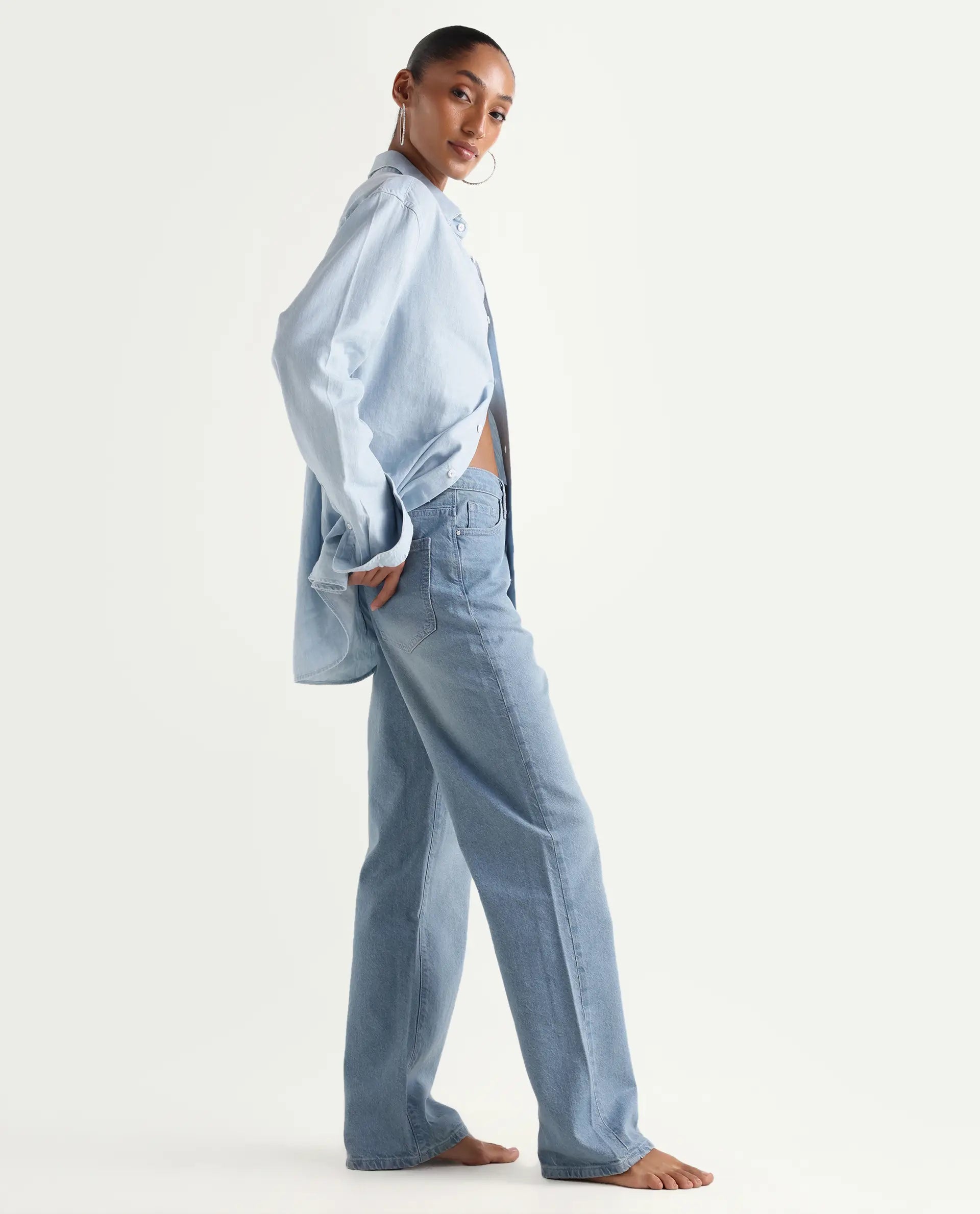 Rareism Women's Beuk Light Blue Cotton Blend Plain Ankle Length Smart Straight Fit Jeans