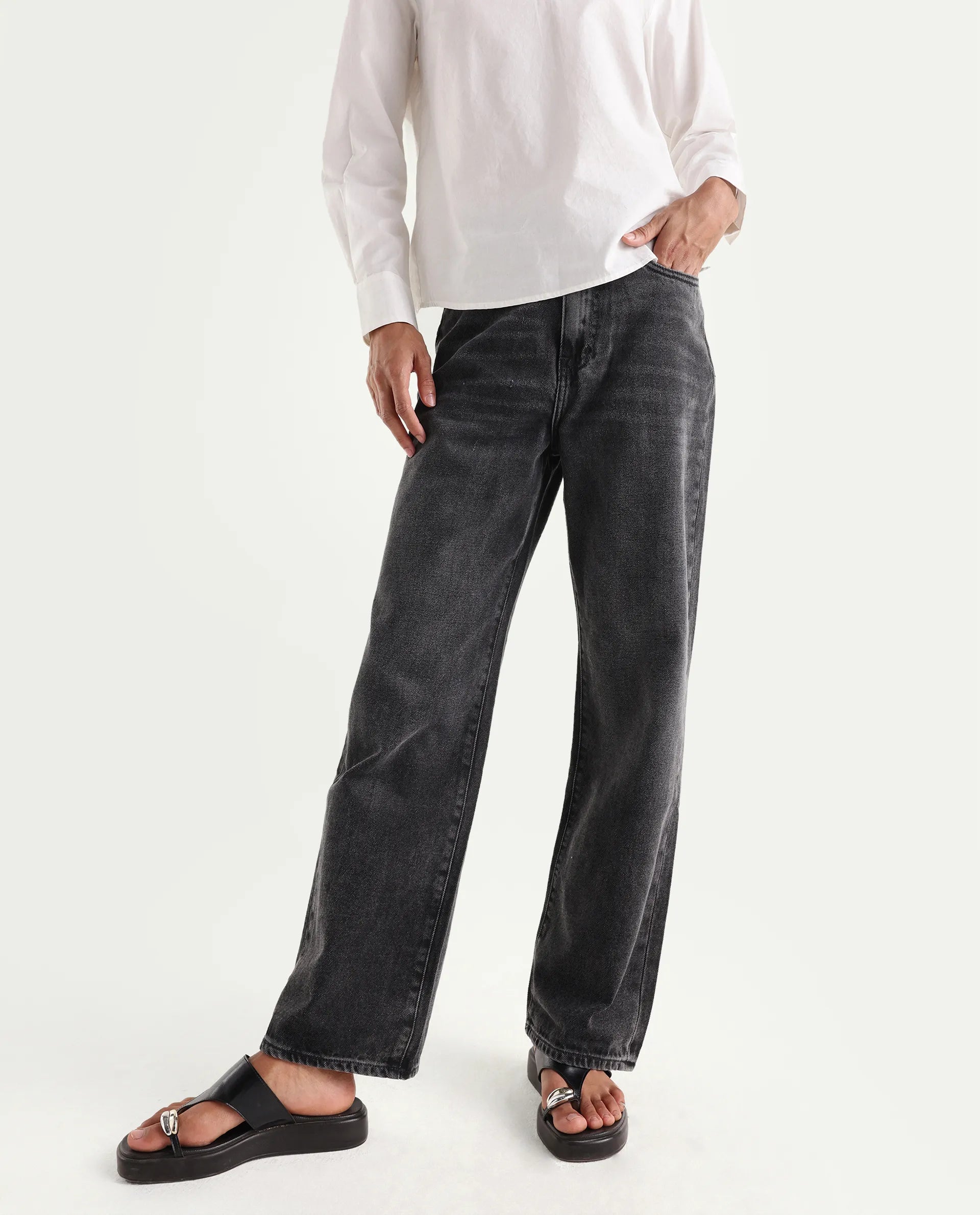 Rareism Women's Baeu Grey Cotton Blend Plain Ankle Length Straight Fit Jeans