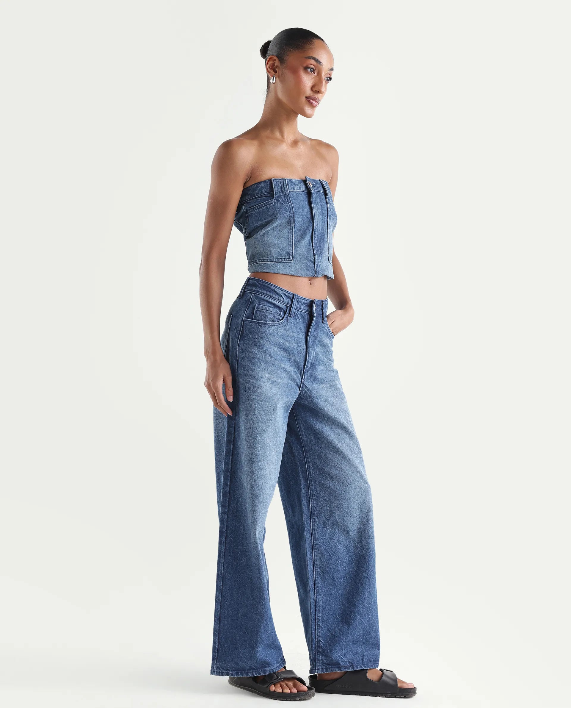 Rareism Women's Kikoi Blue Cotton Blend Plain Ankle Length Effortless Sculpt high wide Jeans