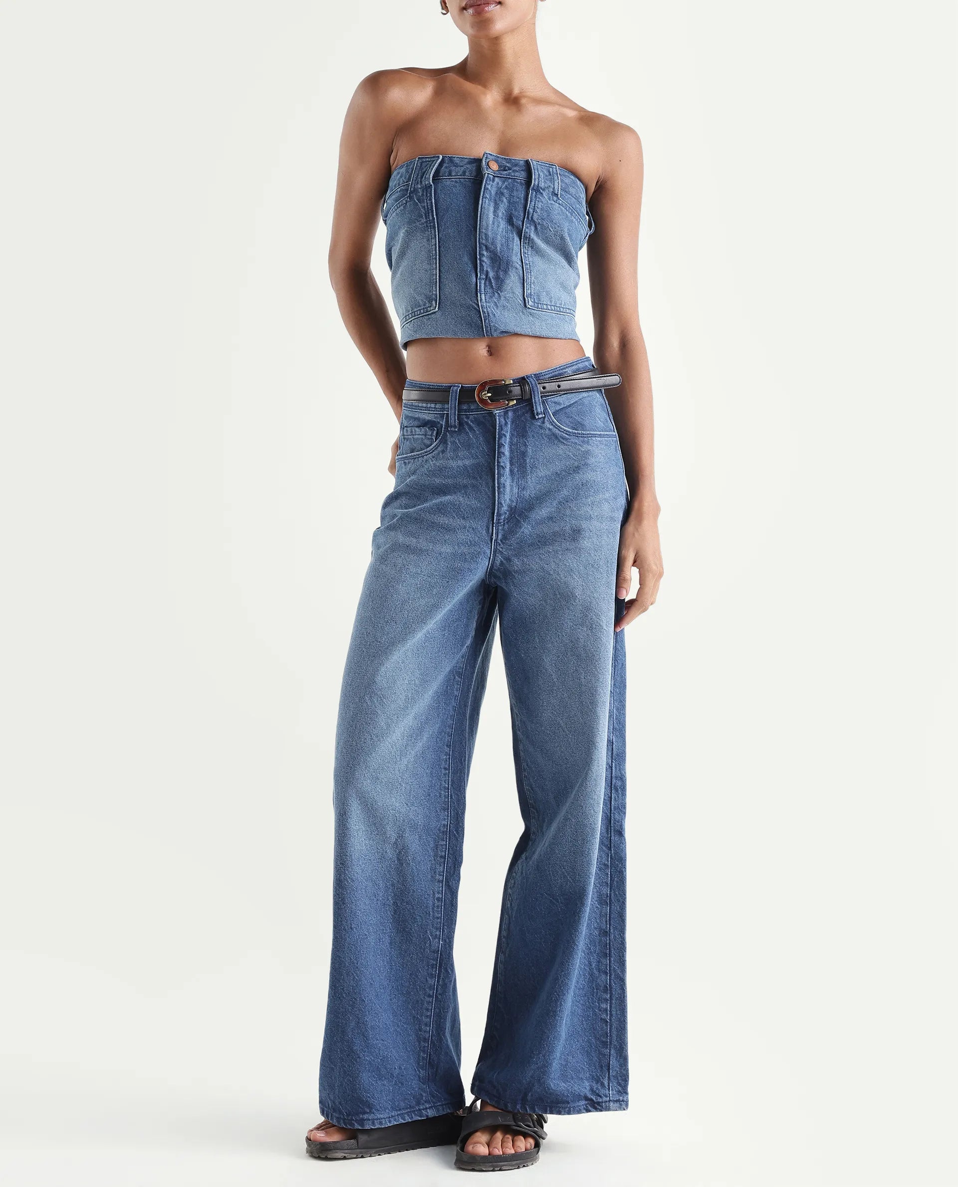 Rareism Women's Kikoi Blue Cotton Blend Plain Ankle Length Effortless Sculpt high wide Jeans