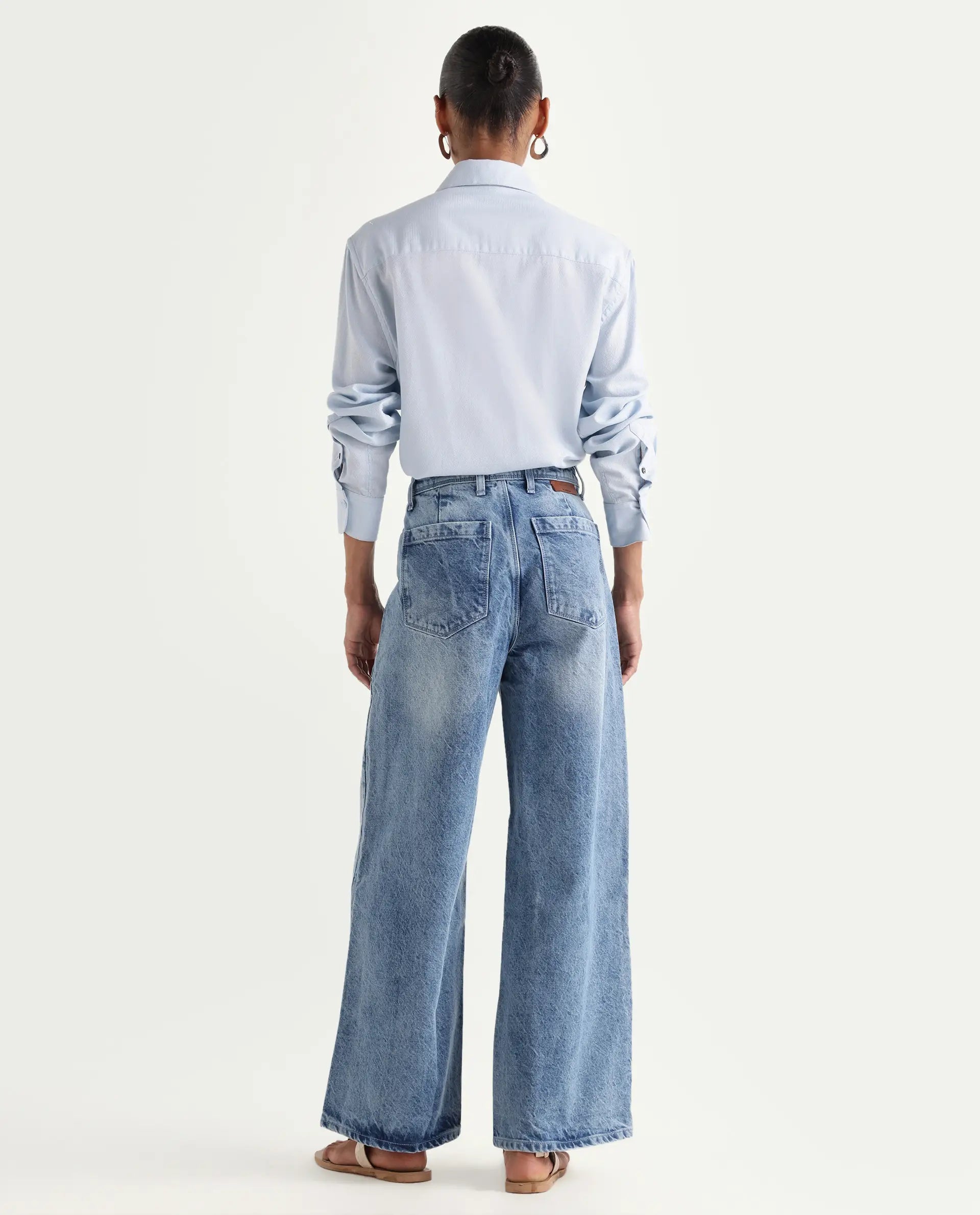 Rareism Women's Kikoa Light Blue Cotton Blend Plain Ankle Length Wide Jeans