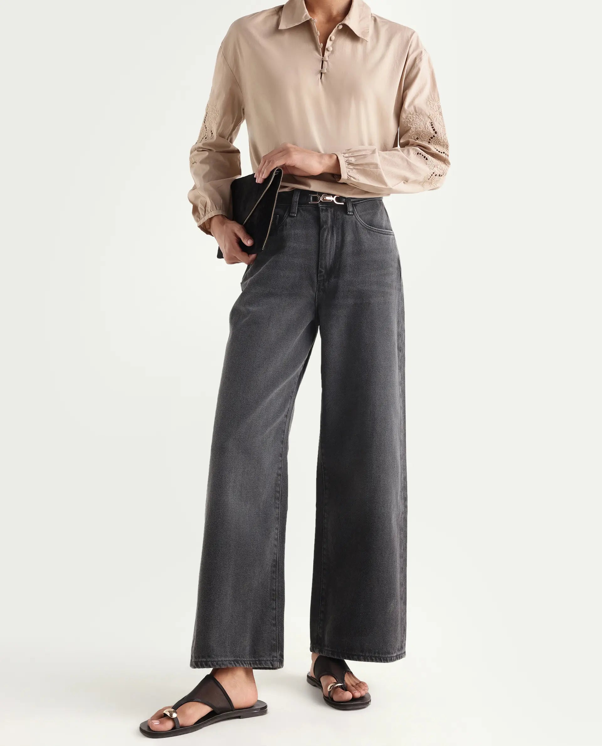 Rareism Women's Kinzy Black Cotton Plain Ankle Length Effortless Sculpt high wide Jeans