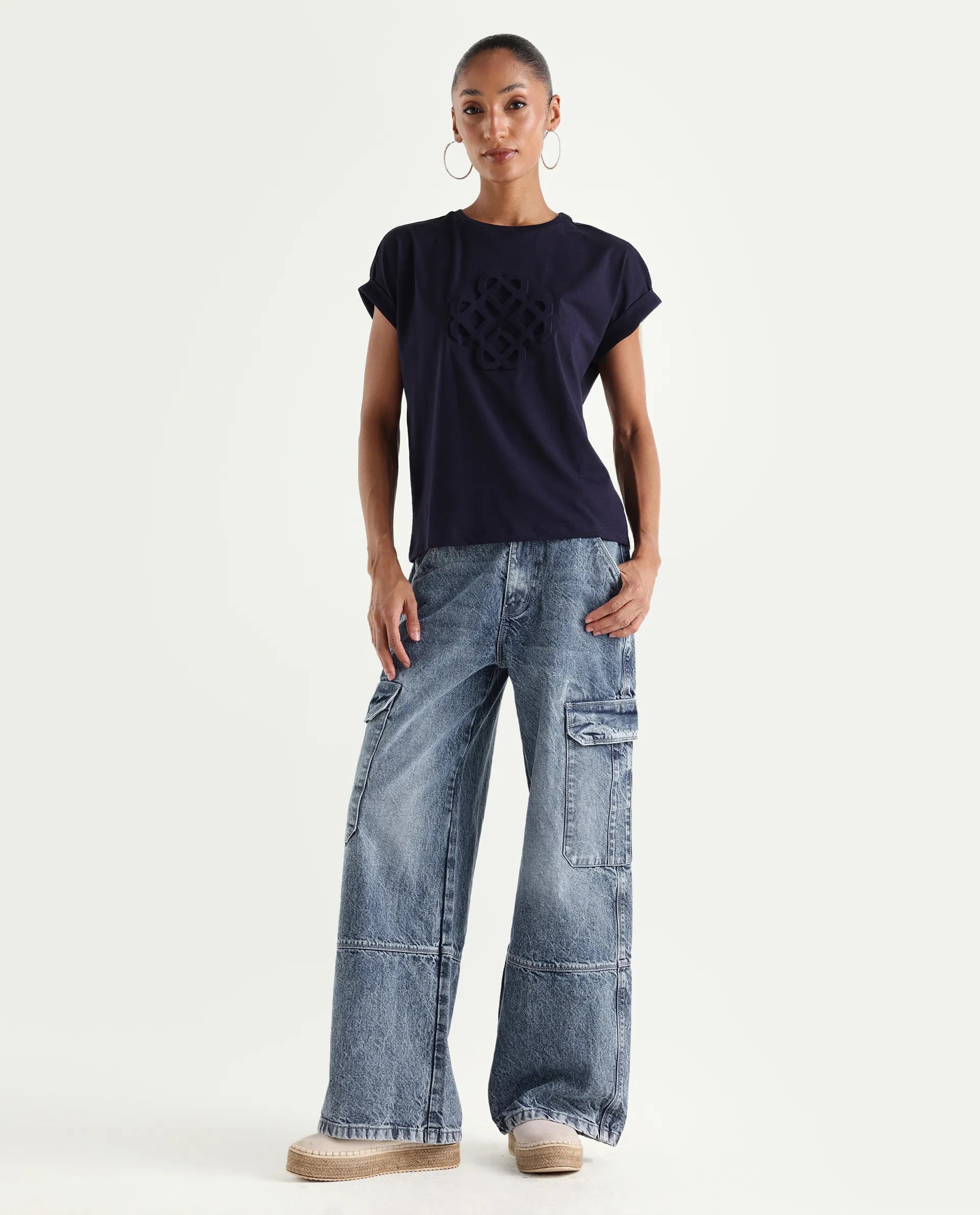 Rareism Women's Caro Light Blue Cotton Plain Ankle Length Tall Barrel Fit Jeans