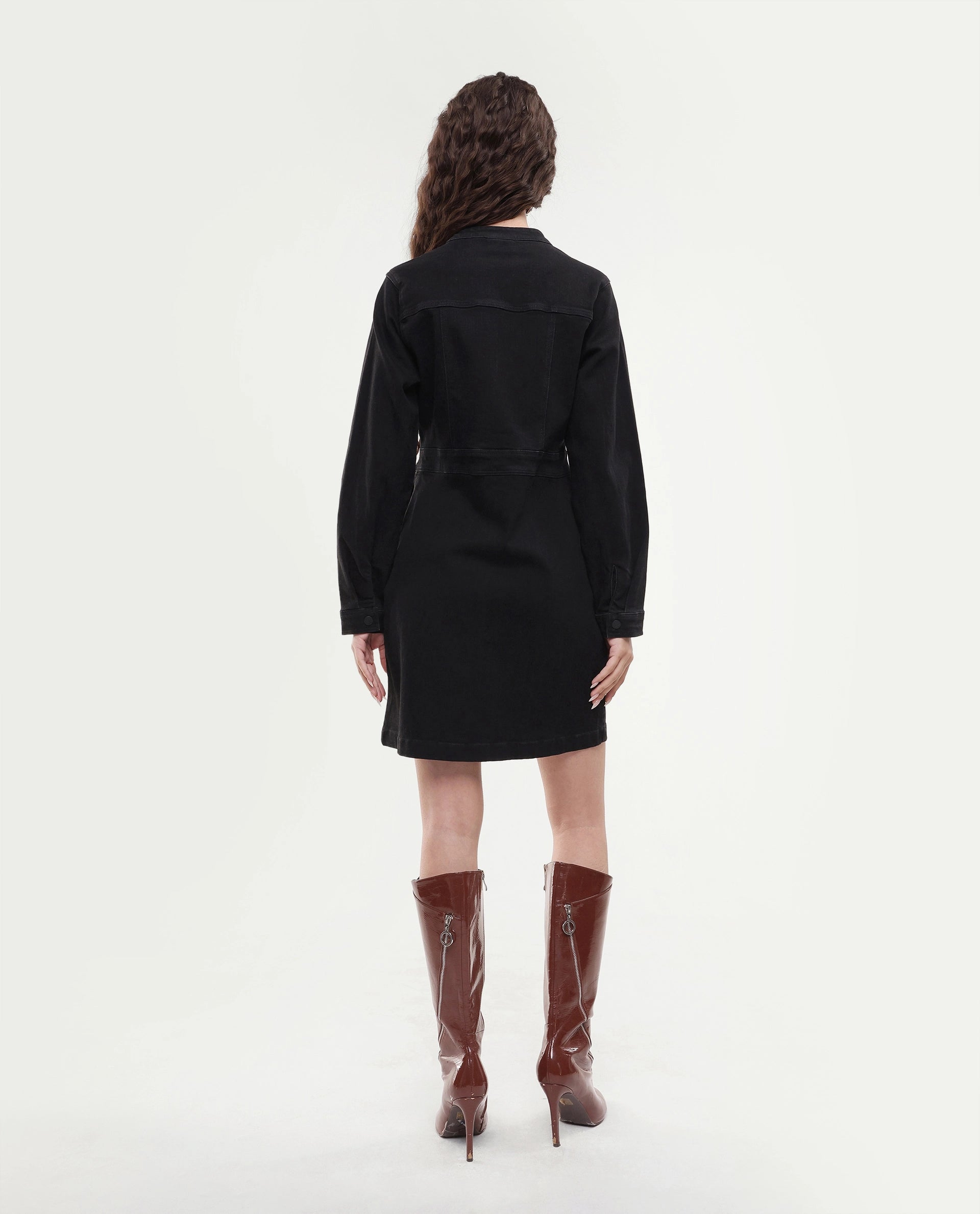 Rareism Women's Lizmi Black Cotton Blend High Neck Plain Cuffed Sleeve Mini Regular Fit Dress