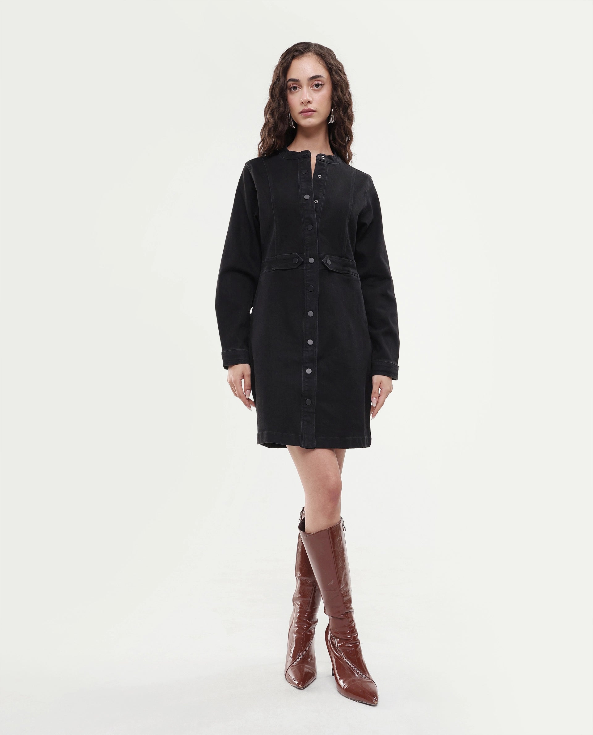 Rareism Women's Lizmi Black Cotton Blend High Neck Plain Cuffed Sleeve Mini Regular Fit Dress