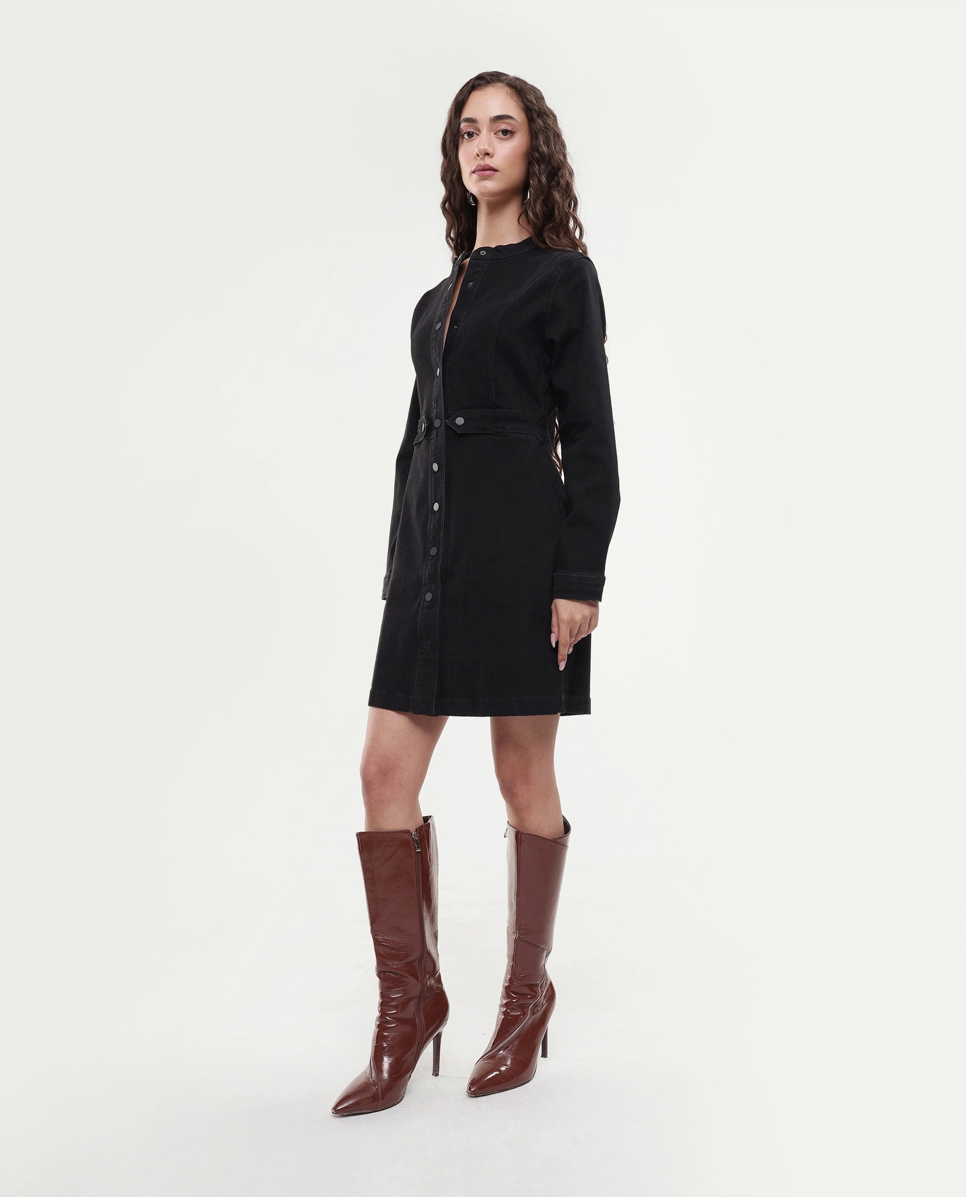 Rareism Women's Lizmi Black Cotton Blend High Neck Plain Cuffed Sleeve Mini Regular Fit Dress