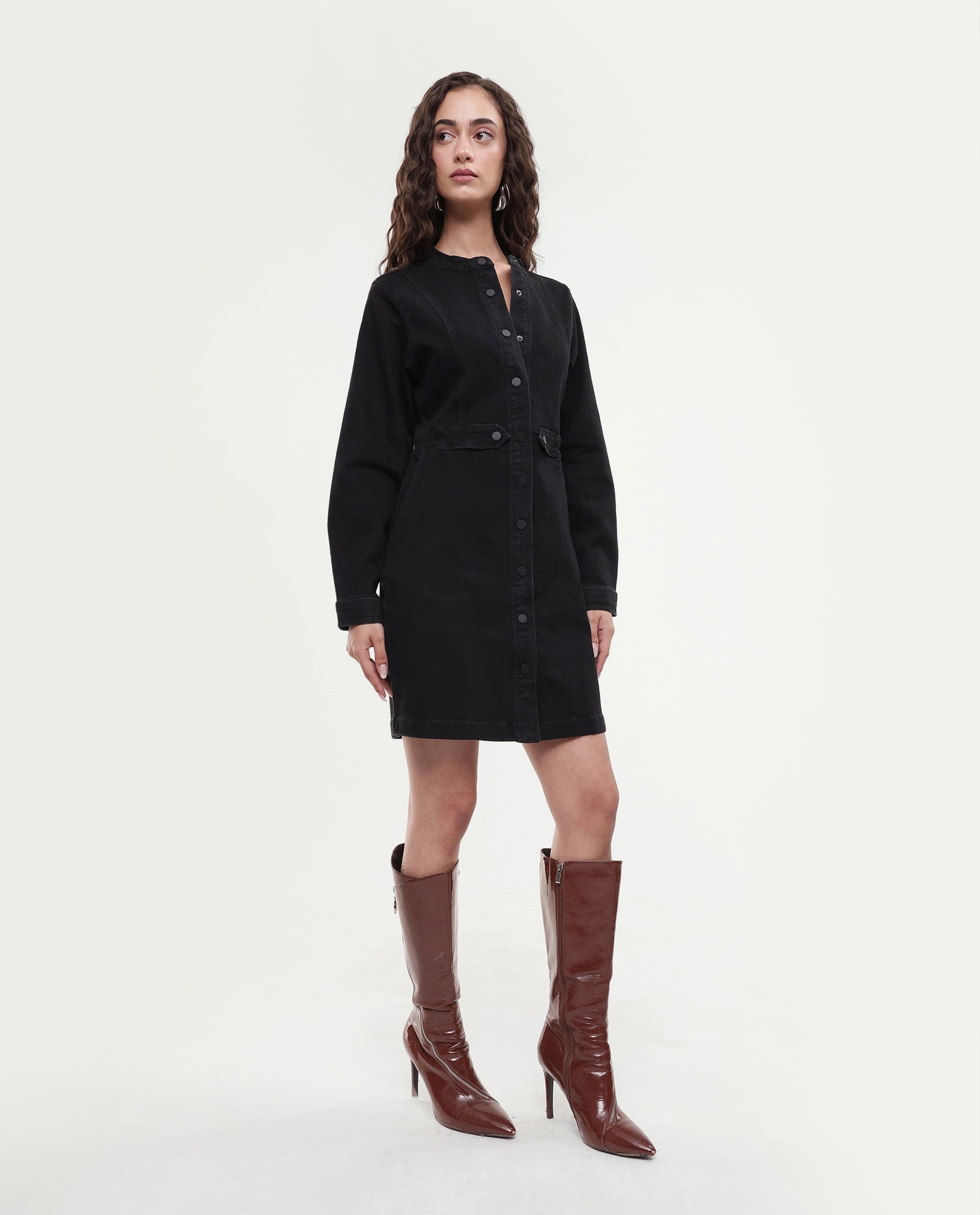 Rareism Women's Lizmi Black Cotton Blend High Neck Plain Cuffed Sleeve Mini Regular Fit Dress