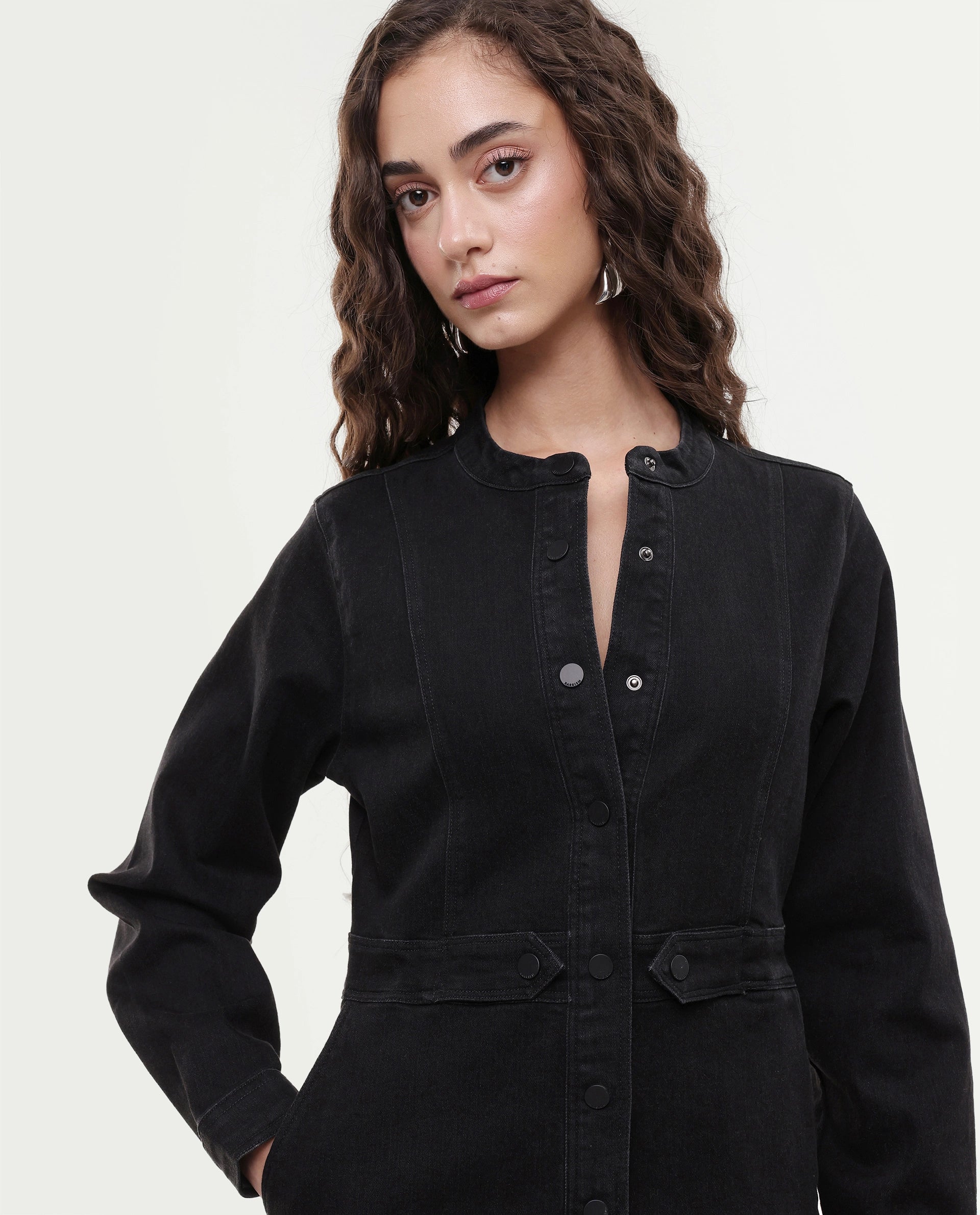 Rareism Women's Lizmi Black Cotton Blend High Neck Plain Cuffed Sleeve Mini Regular Fit Dress
