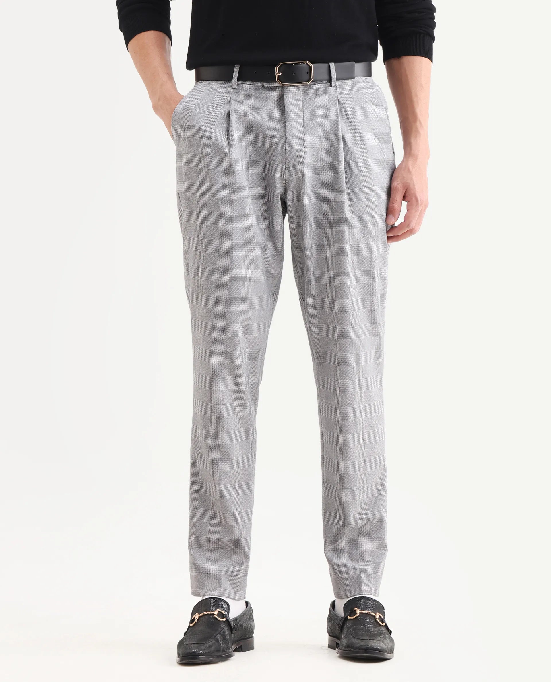 Rare Rabbit Men's Morst Grey Cotton Blend Checked Print Relaxed Fit Trouser