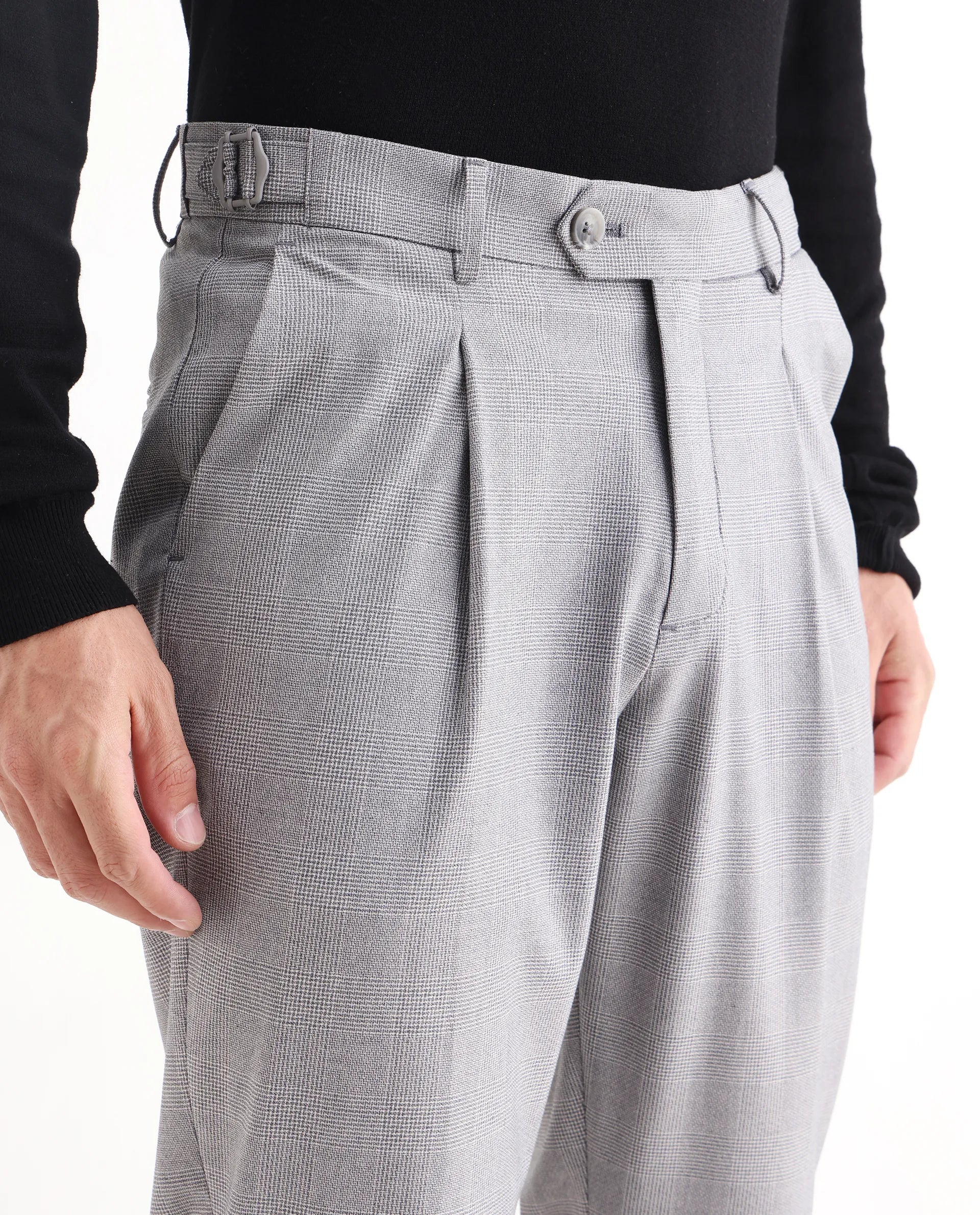 Rare Rabbit Men's Morst Grey Cotton Blend Checked Print Relaxed Fit Trouser