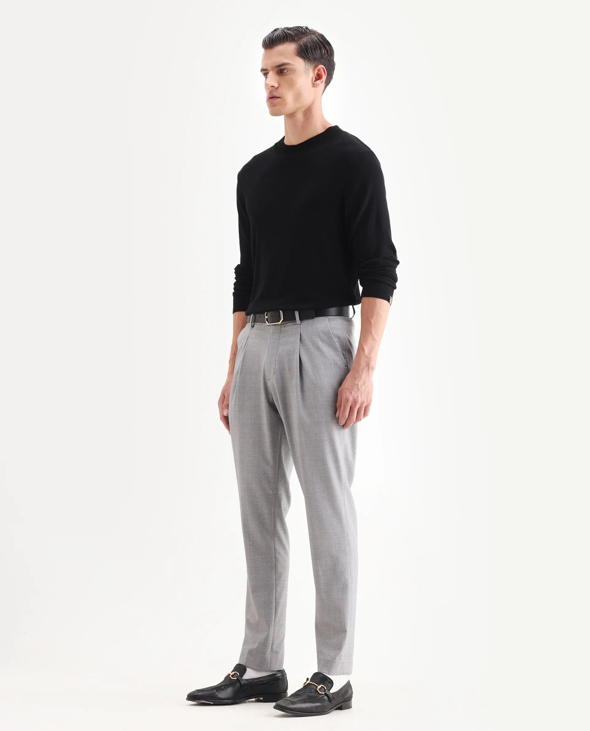 Rare Rabbit Men's Morst Grey Cotton Blend Checked Print Relaxed Fit Trouser