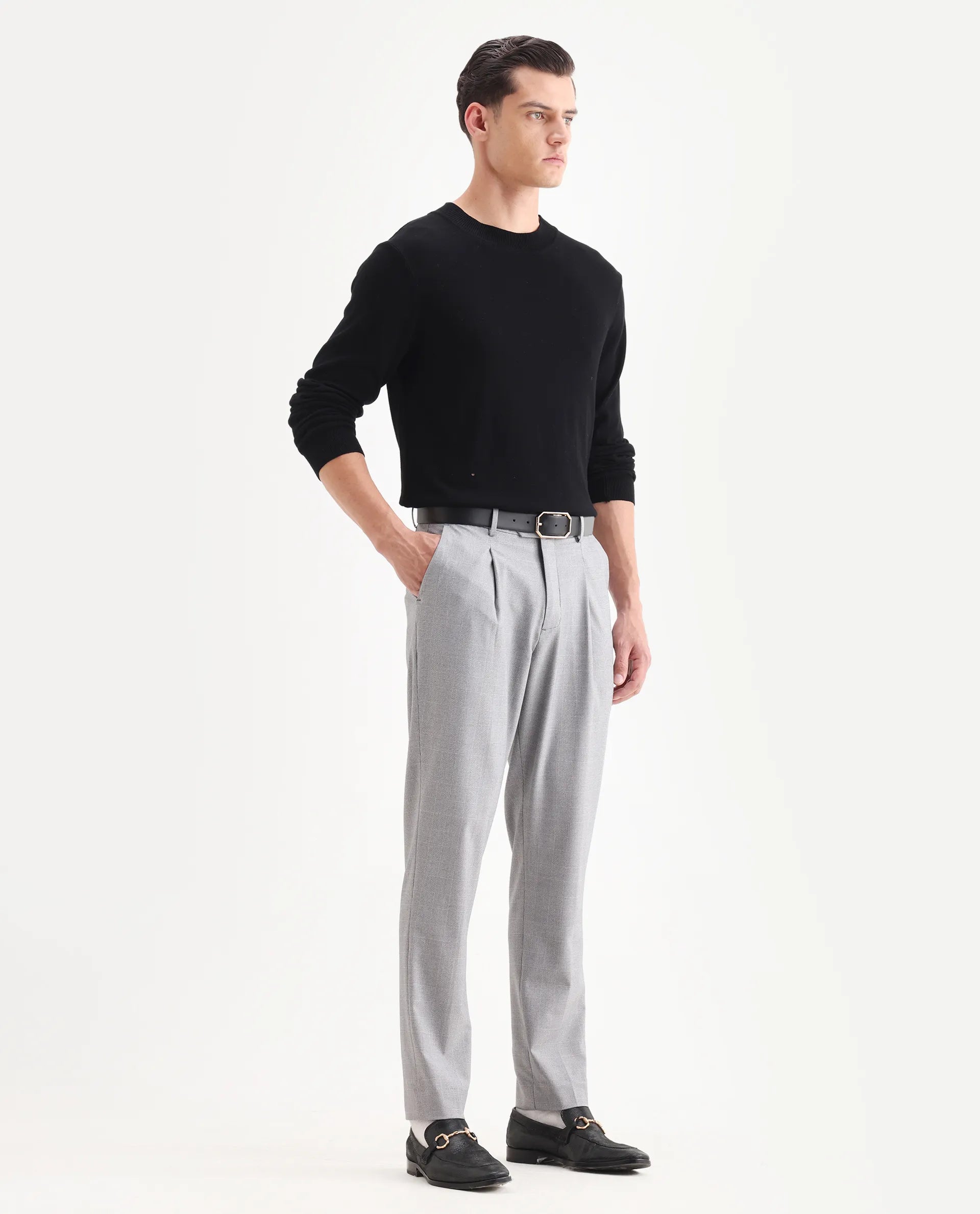 Rare Rabbit Men's Morst Grey Cotton Blend Checked Print Relaxed Fit Trouser