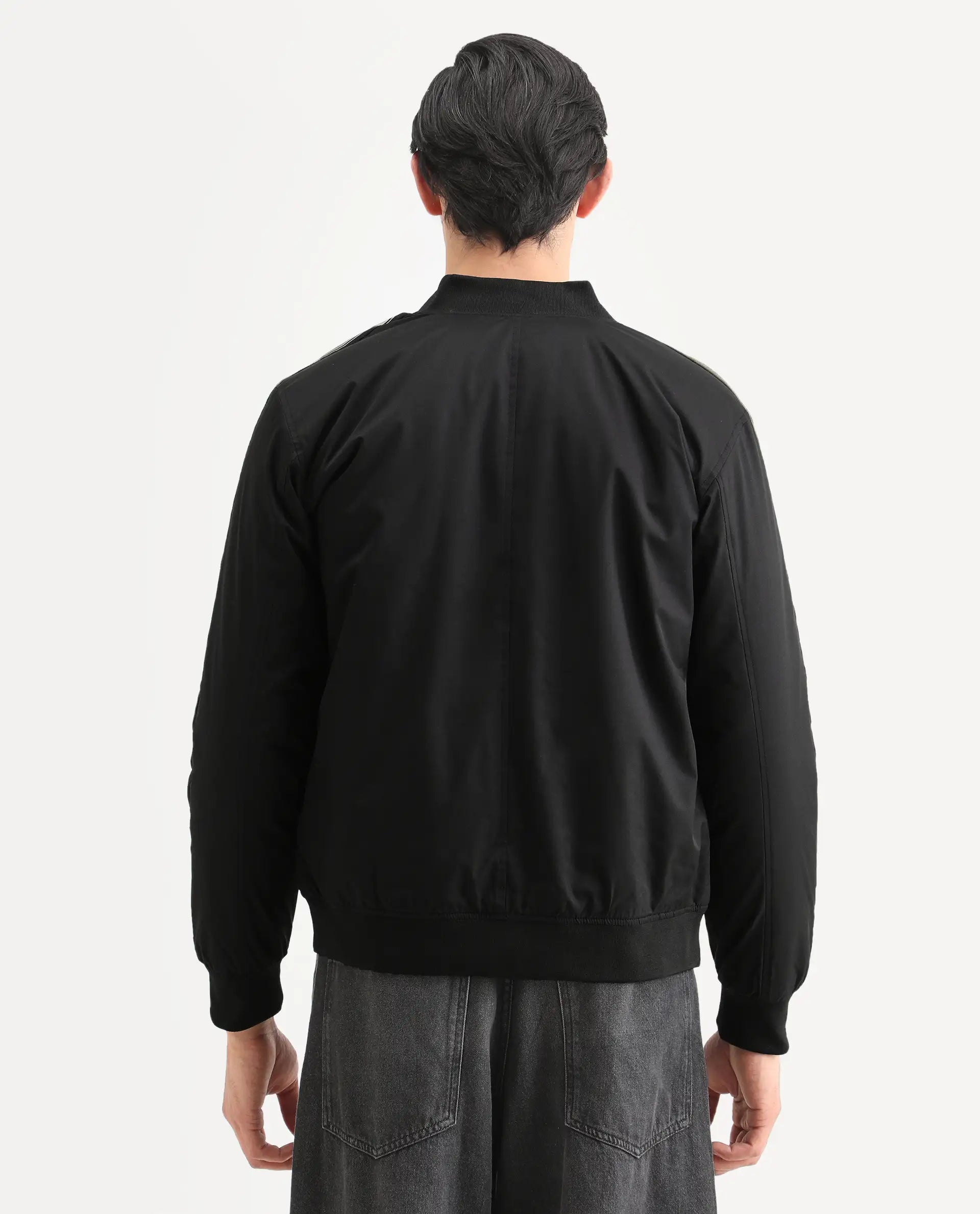 Rare Rabbit Men's Ghana Black Polyester Plain Regular Fit Full Sleeve Ribbed Collar Jacket