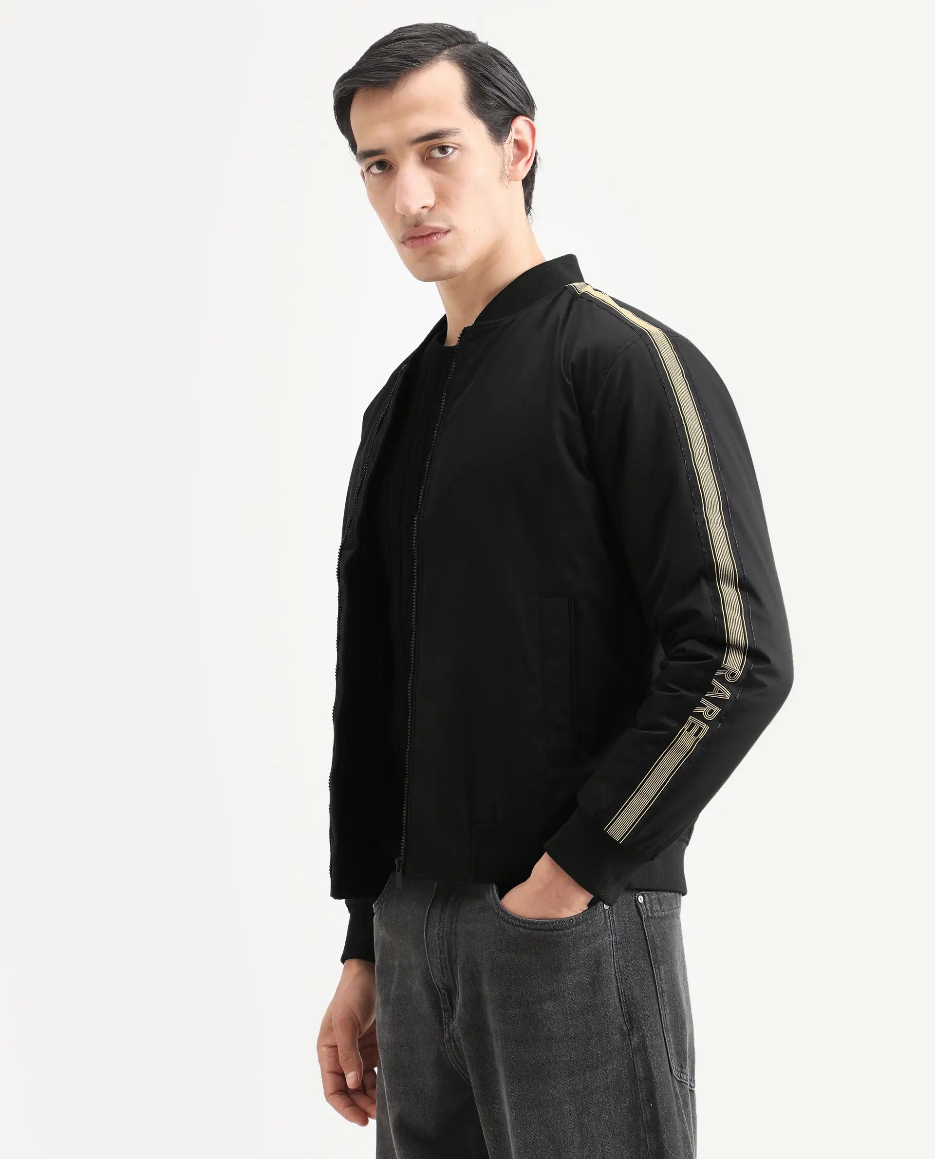 Rare Rabbit Men's Ghana Black Polyester Plain Regular Fit Full Sleeve Ribbed Collar Jacket