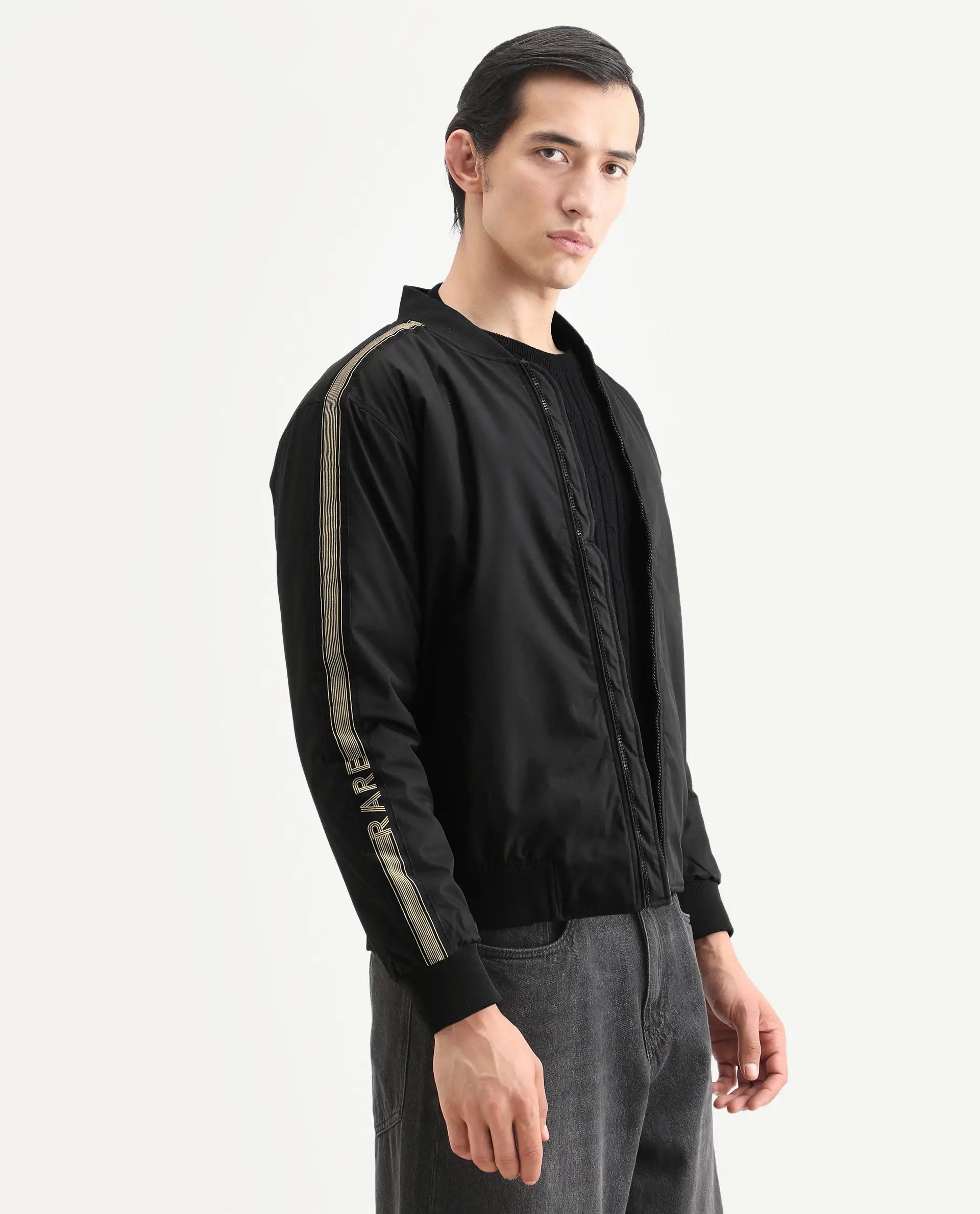 Rare Rabbit Men's Ghana Black Polyester Plain Regular Fit Full Sleeve Ribbed Collar Jacket
