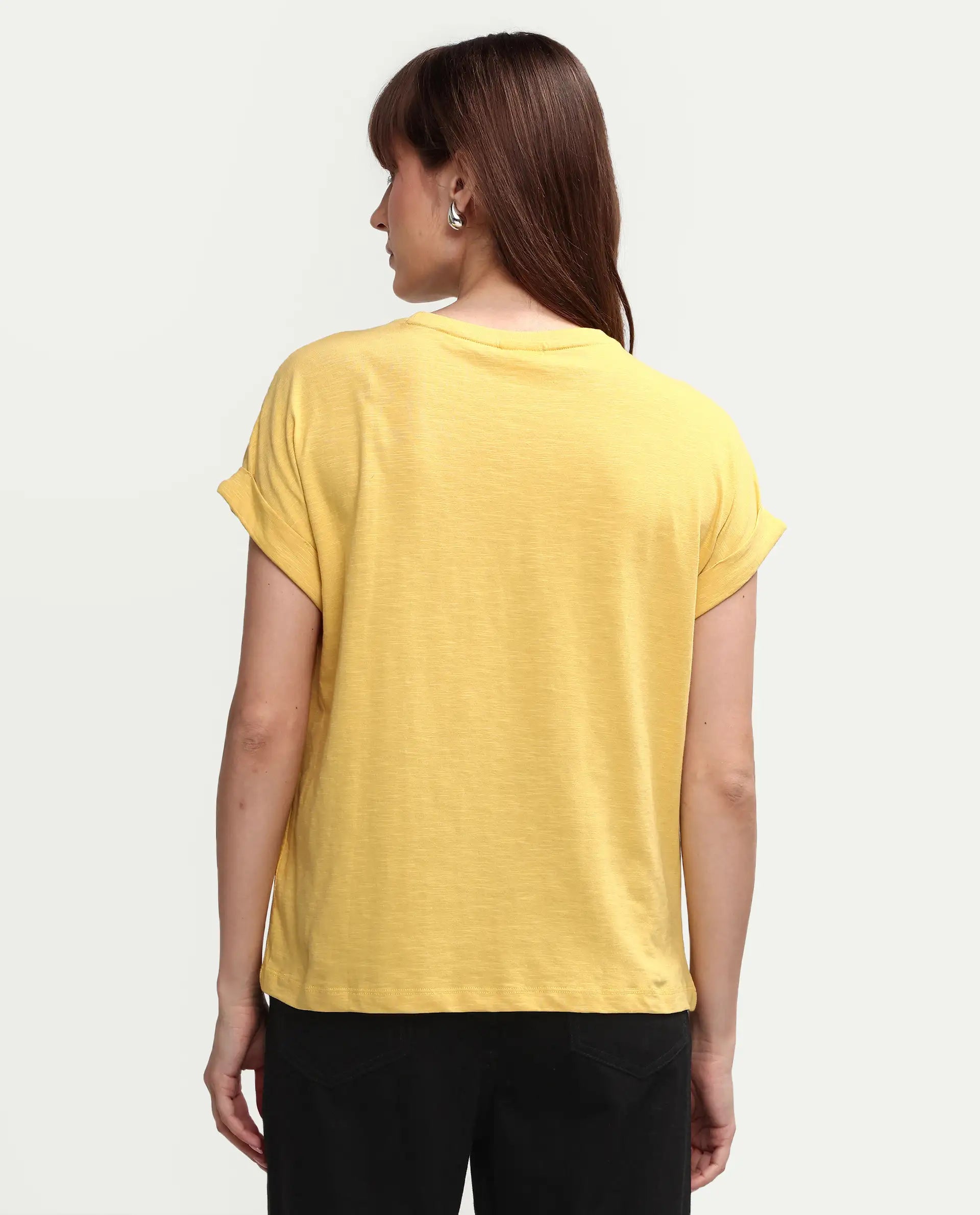 Rareism Women's Janinen Mustard Cotton Round Neck Plain Extended Sleeves Regular Fit T-Shirt