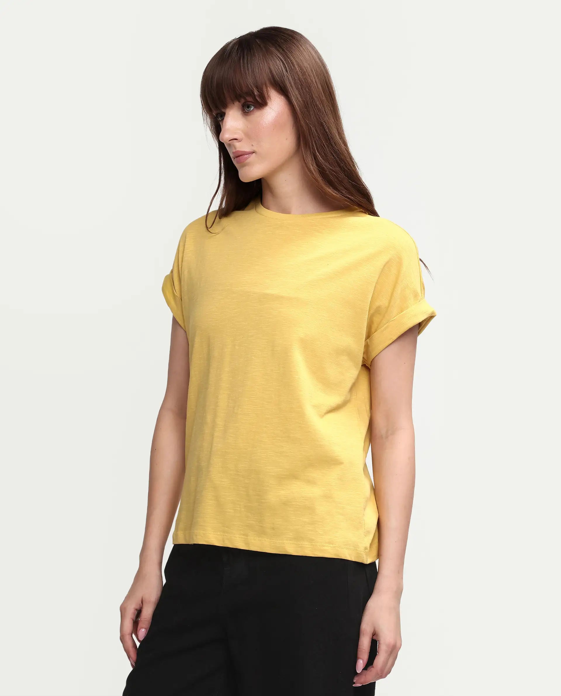 Rareism Women's Janinen Mustard Cotton Round Neck Plain Extended Sleeves Regular Fit T-Shirt