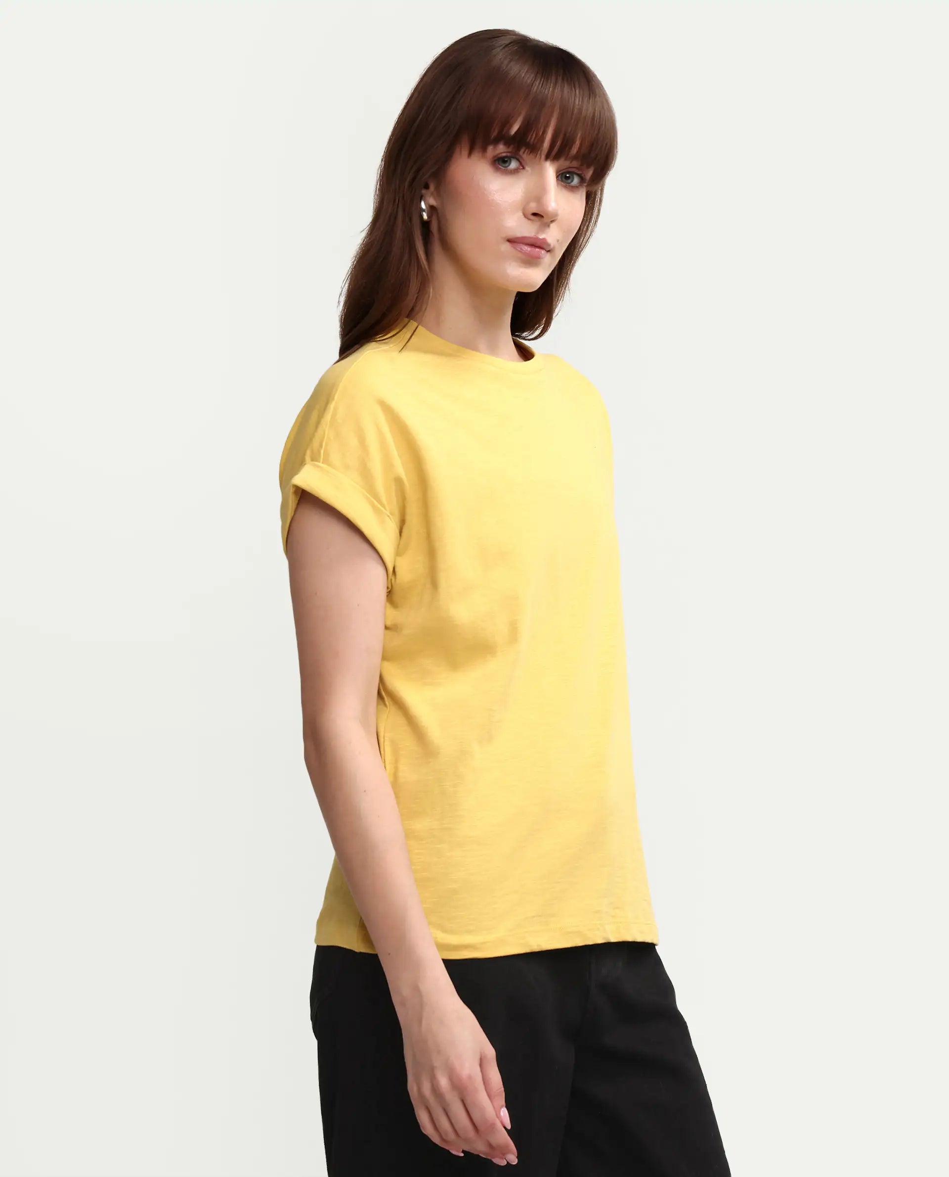 Rareism Women's Janinen Mustard Cotton Round Neck Plain Extended Sleeves Regular Fit T-Shirt
