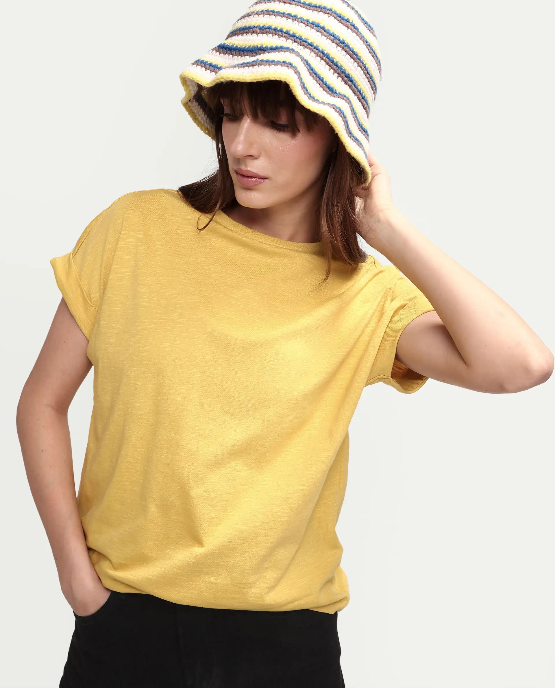 Rareism Women's Janinen Mustard Cotton Round Neck Plain Extended Sleeves Regular Fit T-Shirt