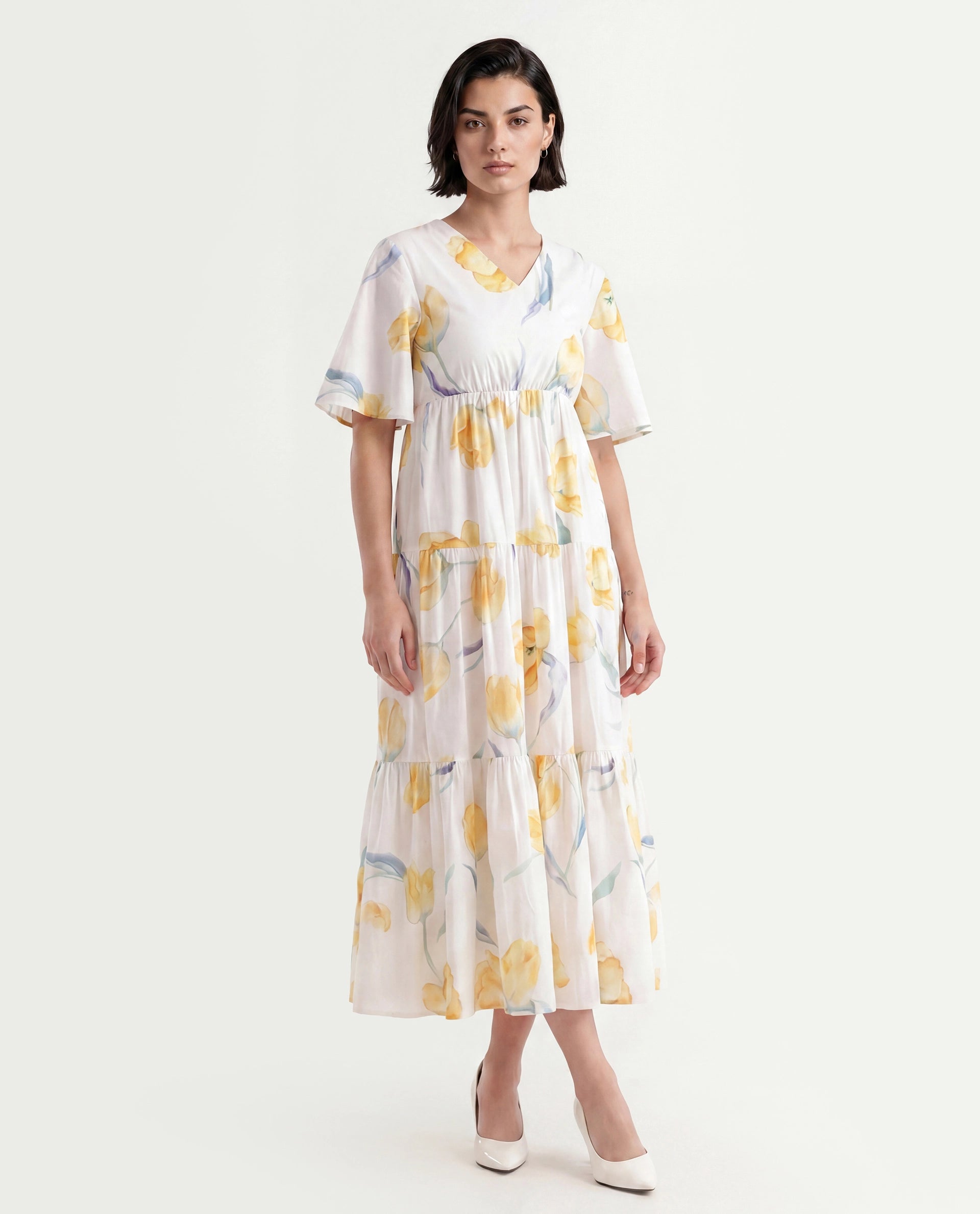 Rareism Women's Janpa Off White Cotton Overlap Neck Floral Print Ruffled Sleeve Maxi Fit And Flare Dress
