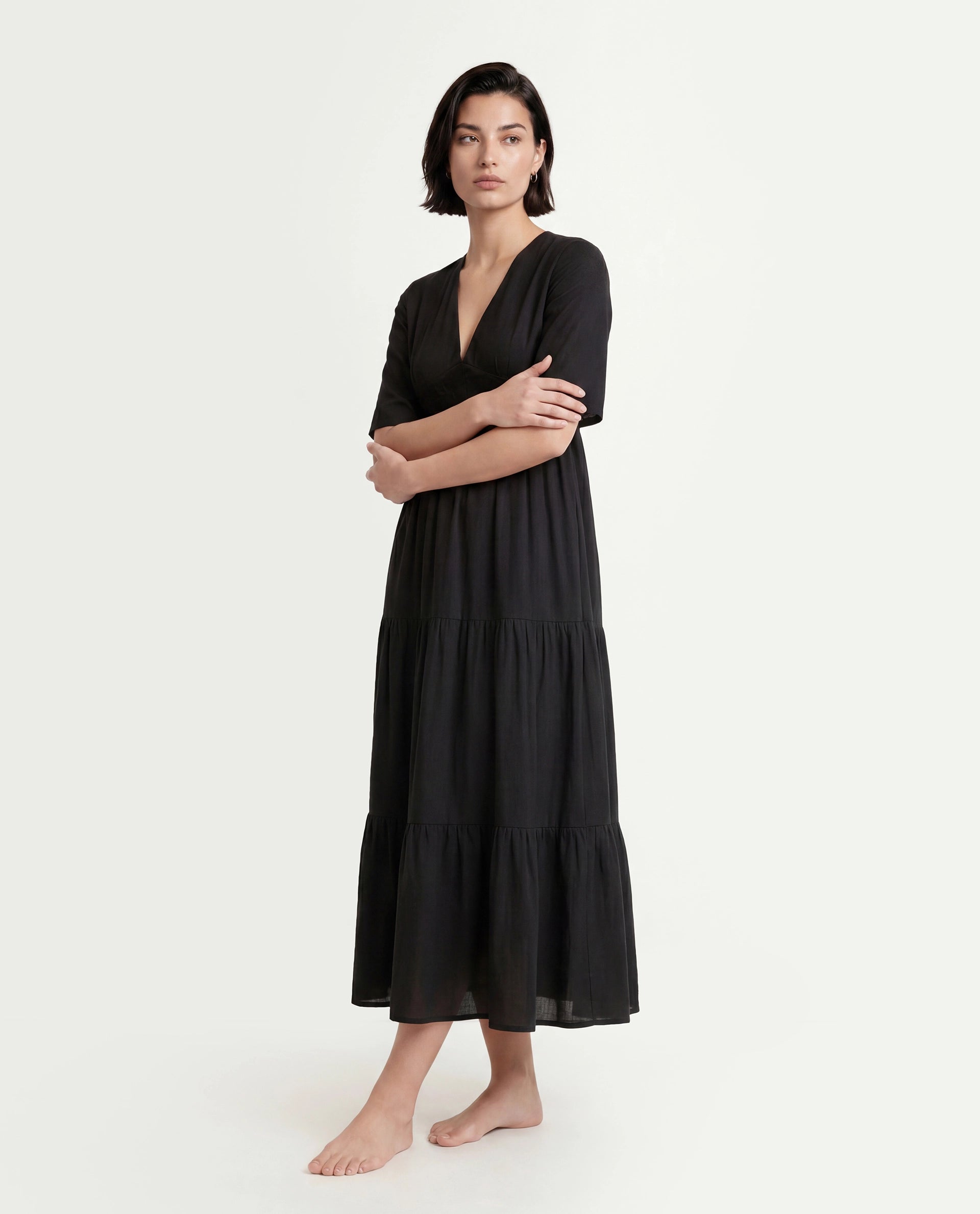 Rareism Women's Janyaka Black Viscose Blend V-Neck Plain Maxi Fit And Flare Dress