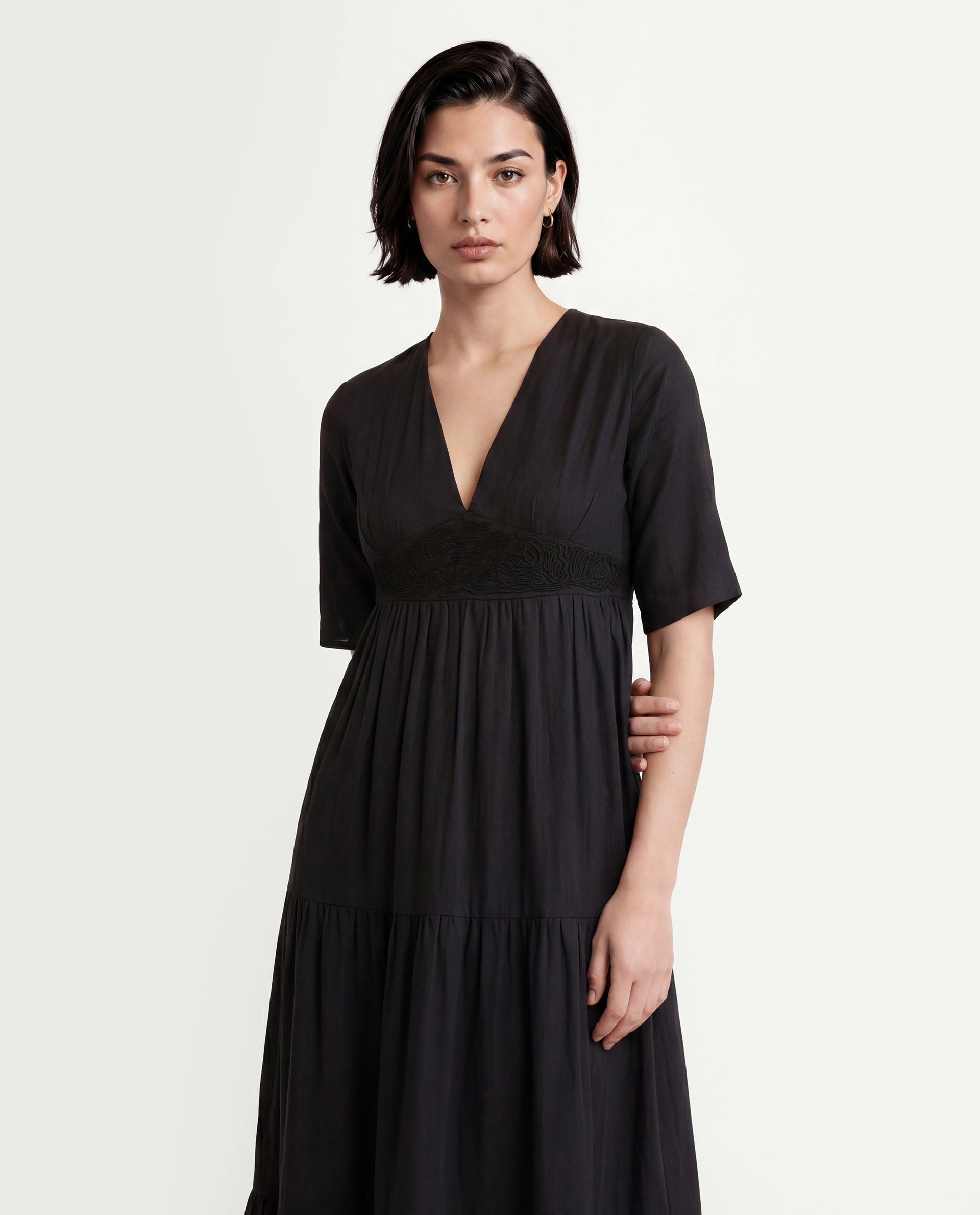 Rareism Women's Janyaka Black Viscose Blend V-Neck Plain Maxi Fit And Flare Dress
