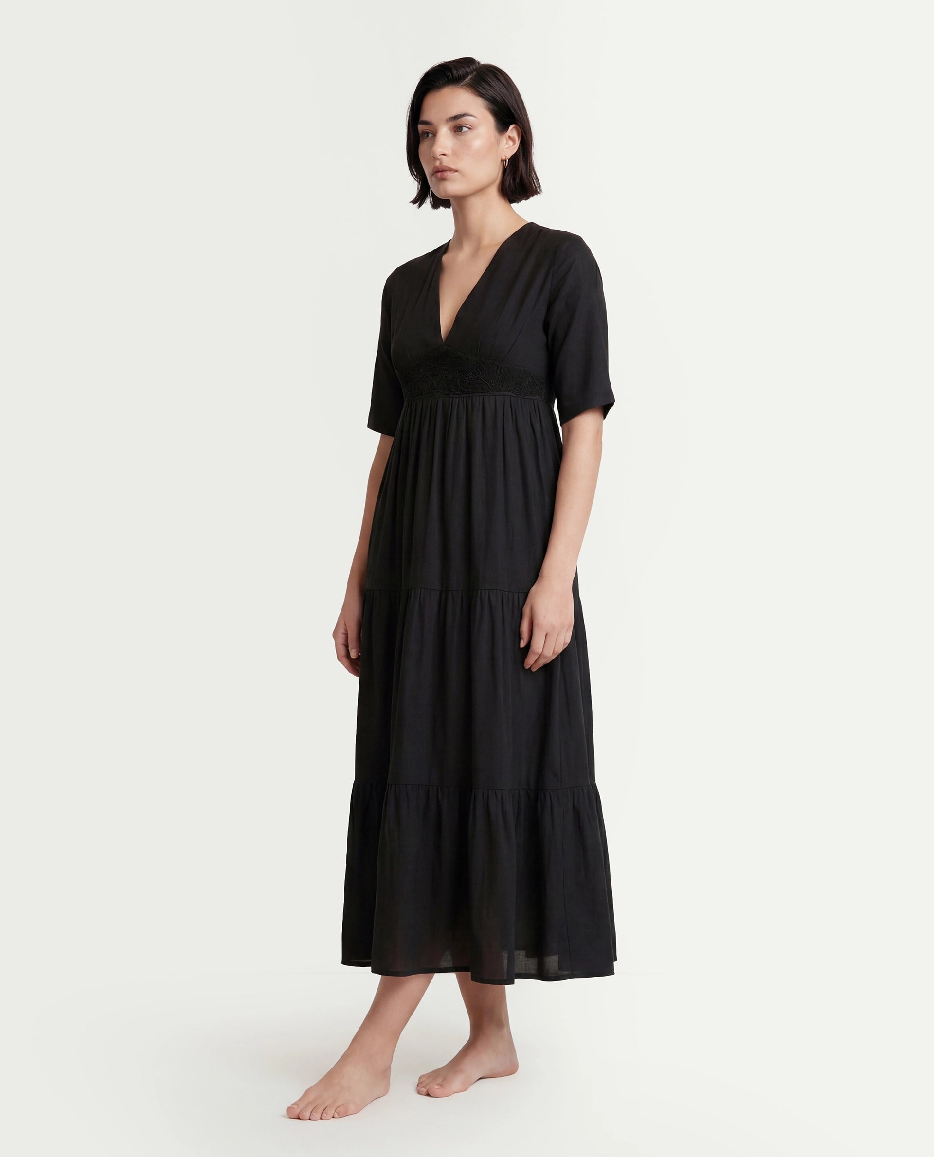 Rareism Women's Janyaka Black Viscose Blend V-Neck Plain Maxi Fit And Flare Dress