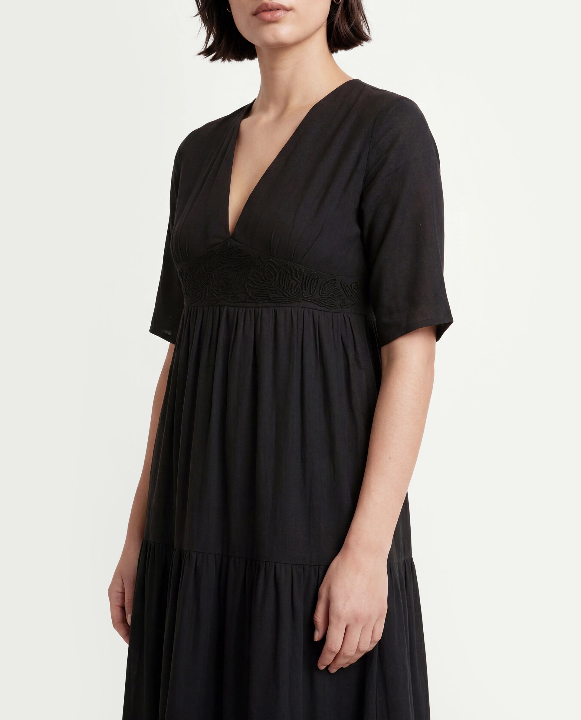 Rareism Women's Janyaka Black Viscose Blend V-Neck Plain Maxi Fit And Flare Dress