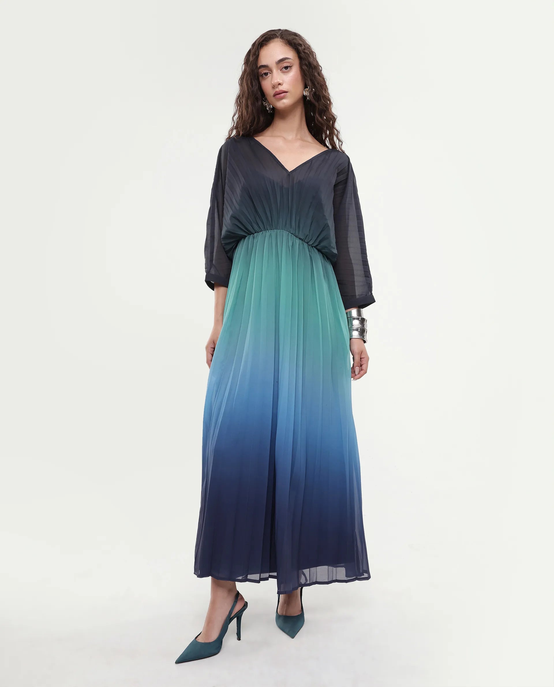 Rareism Women's Janambi Dark Blue Cotton V-Neck Ombre Kimono Sleeve Maxi Flared Dress