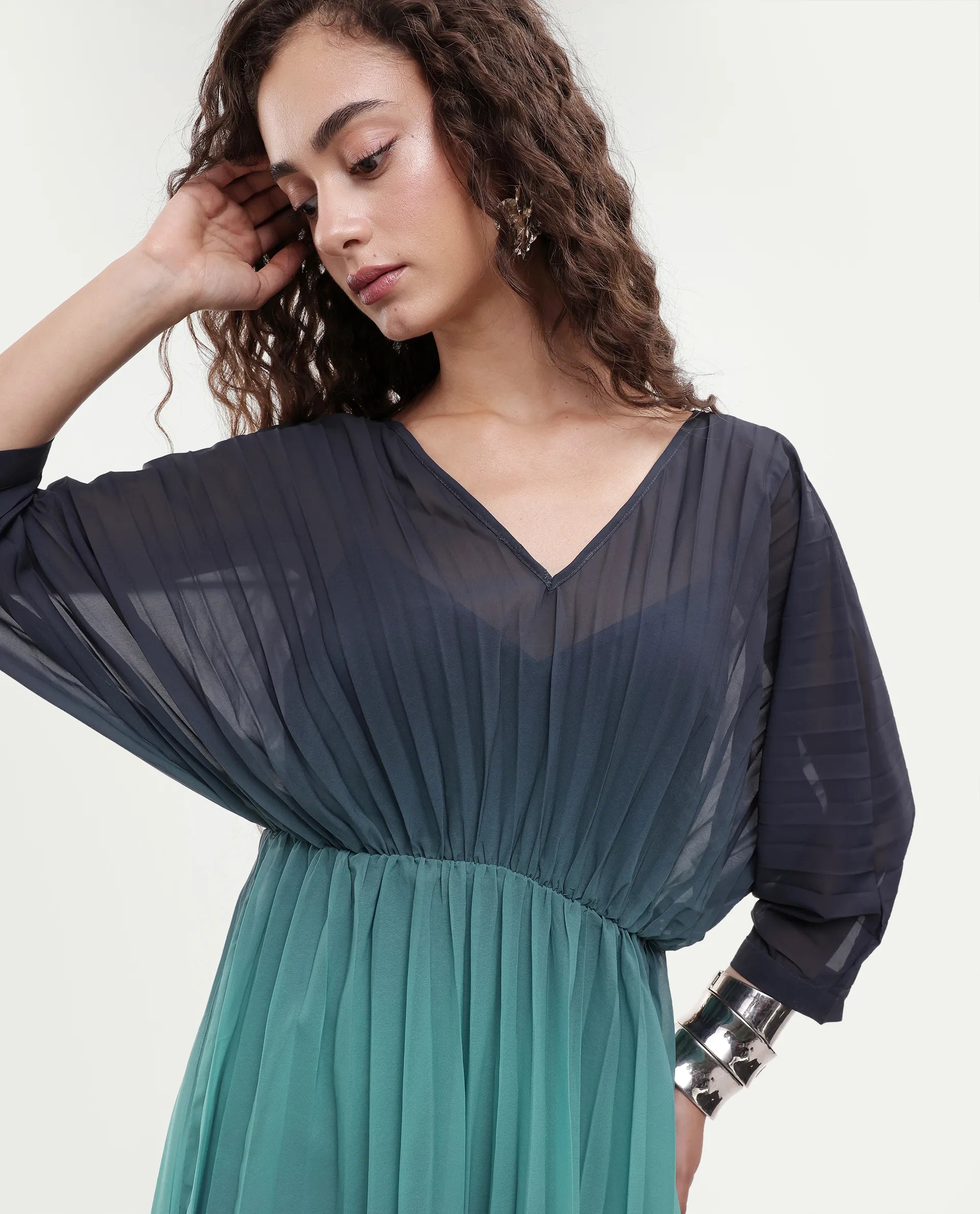 Rareism Women's Janambi Dark Blue Cotton V-Neck Ombre Kimono Sleeve Maxi Flared Dress