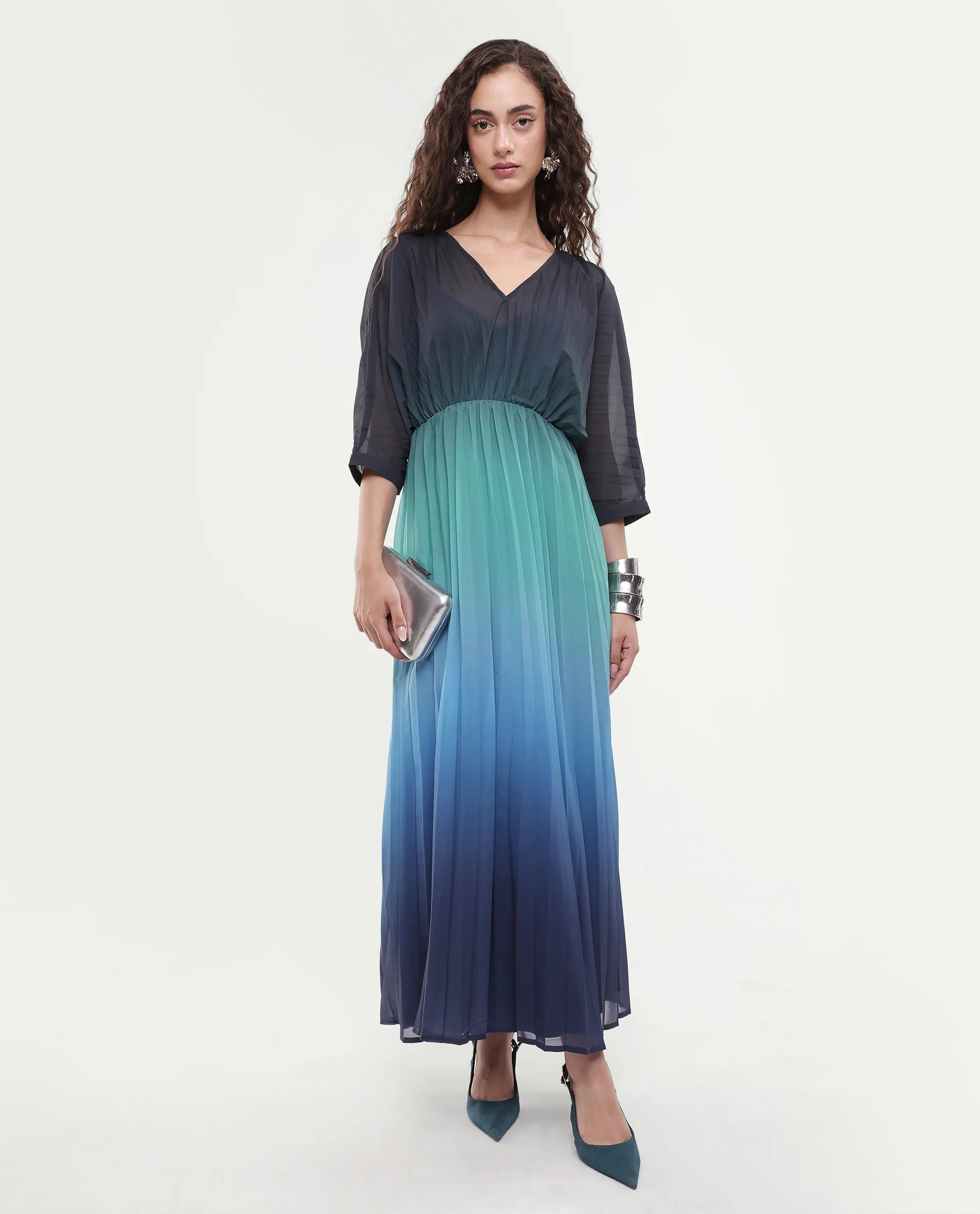 Rareism Women's Janambi Dark Blue Cotton V-Neck Ombre Kimono Sleeve Maxi Flared Dress