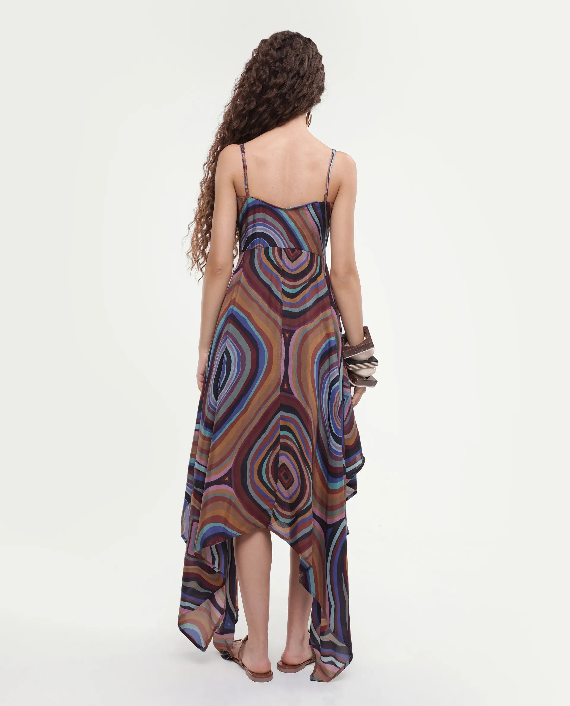 Rareism Women's Janudya Dark Multi Viscose Cowl Neck Abstract Print Sleeveless Maxi Fit And Flare Dress