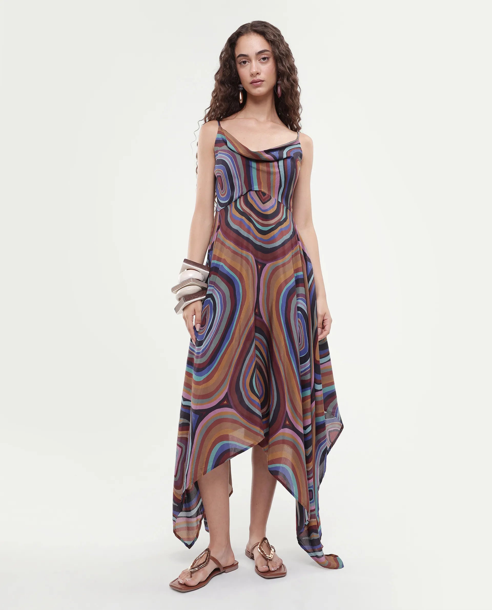 Rareism Women's Janudya Dark Multi Viscose Cowl Neck Abstract Print Sleeveless Maxi Fit And Flare Dress