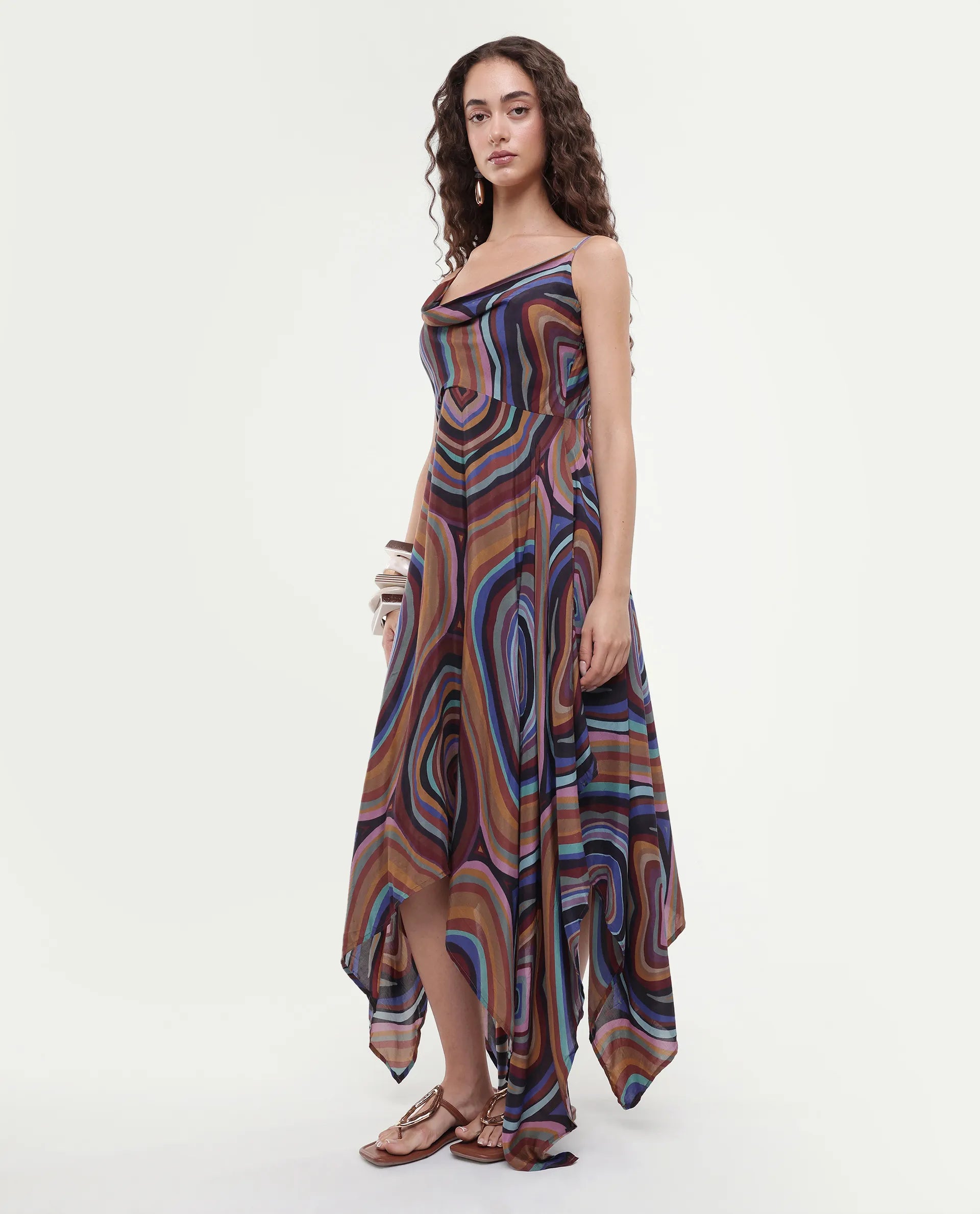 Rareism Women's Janudya Dark Multi Viscose Cowl Neck Abstract Print Sleeveless Maxi Fit And Flare Dress