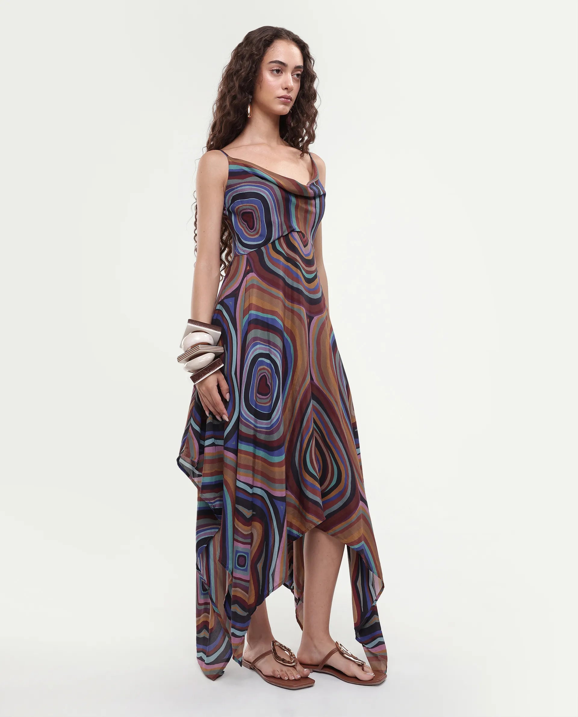 Rareism Women's Janudya Dark Multi Viscose Cowl Neck Abstract Print Sleeveless Maxi Fit And Flare Dress