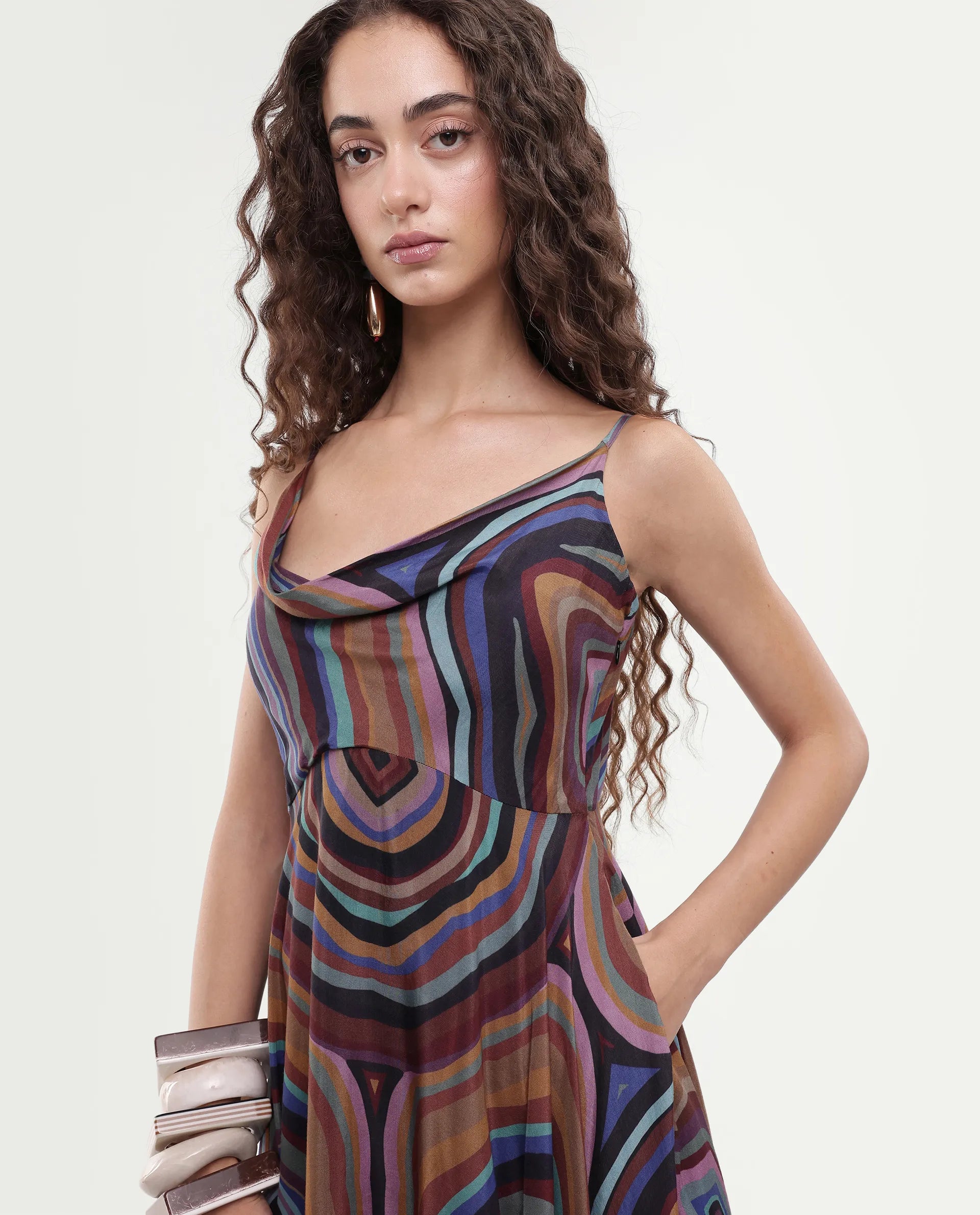 Rareism Women's Janudya Dark Multi Viscose Cowl Neck Abstract Print Sleeveless Maxi Fit And Flare Dress